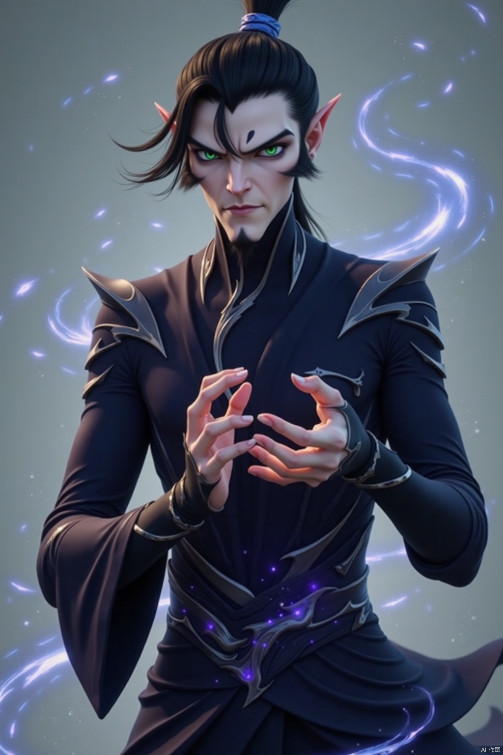 solo, black hair, long sleeves, 1boy, green eyes, upper body, male focus, pointy ears, wide sleeves, robe, magic