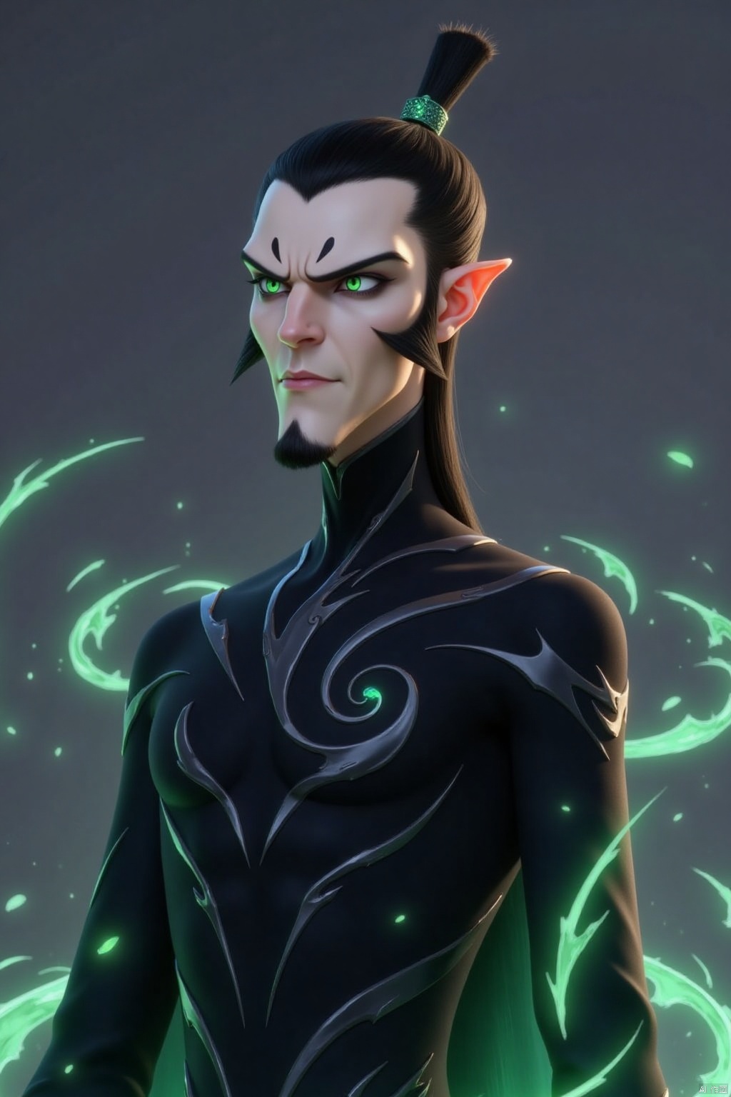 solo, black hair, long sleeves, 1boy, green eyes, upper body, male focus, pointy ears, wide sleeves, robe, magic