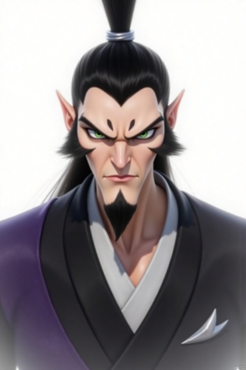 solo, black hair, 1boy, green eyes, upper body, male focus, pointy ears, facial hair, beard, mustache, topknot