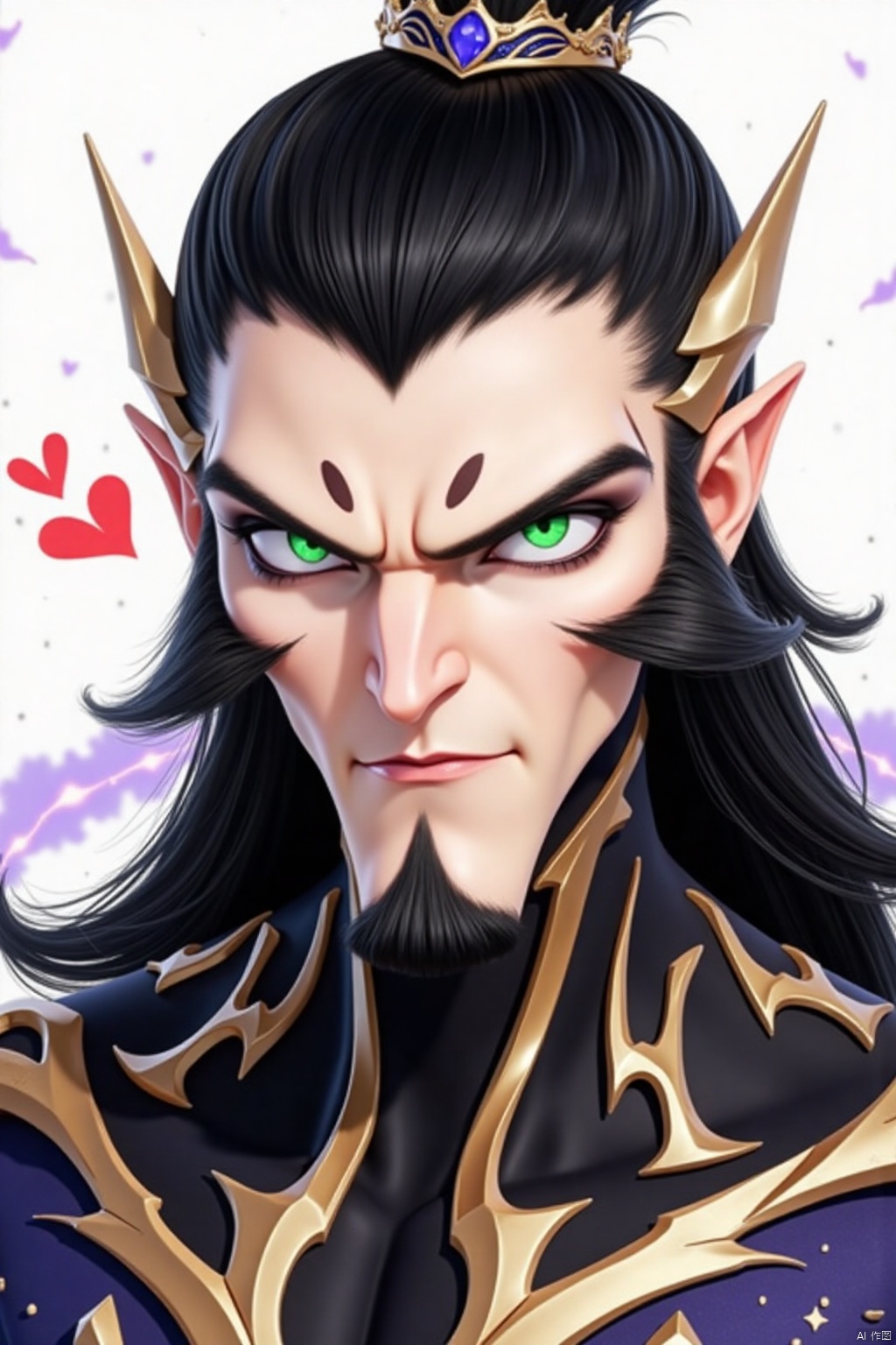 solo, black hair, 1boy, jewelry, green eyes, male focus, pointy ears, facial hair, parody, crown, beard