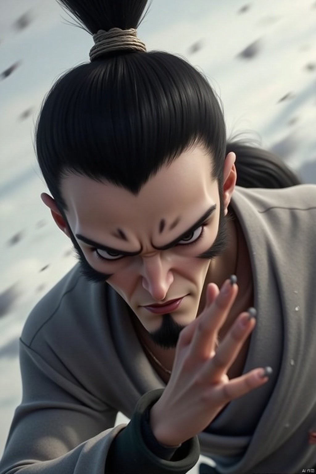 black hair, 1boy, ponytail, male focus, motion blur, topknot