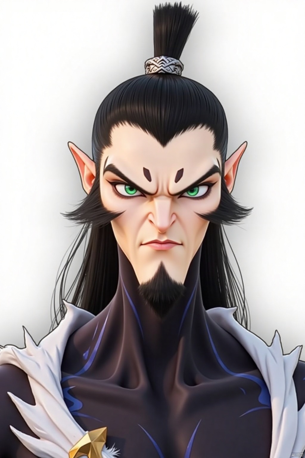 solo, black hair, 1boy, green eyes, upper body, male focus, pointy ears, facial hair, beard, mustache, topknot