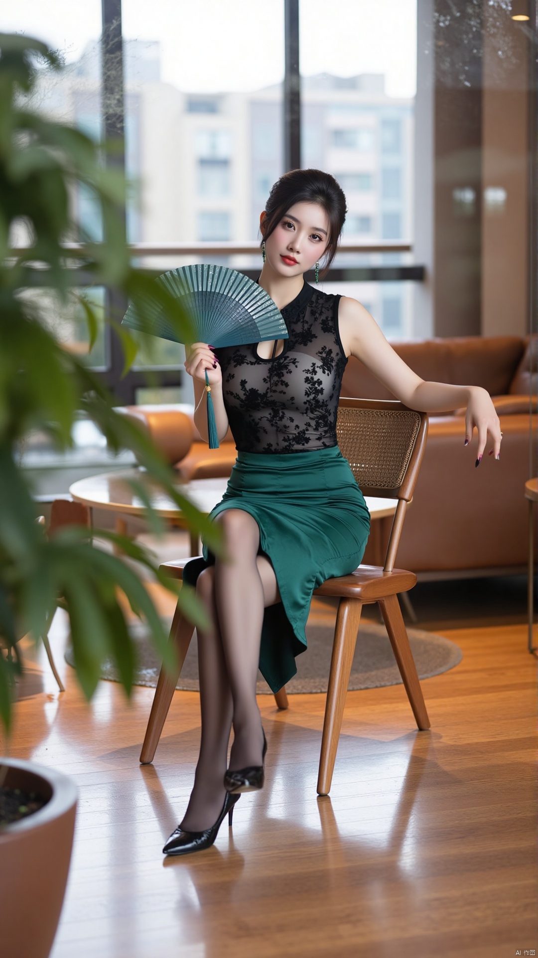 The image shows a young woman sitting on a wooden chair in a room with a large window. She is wearing a black sleeveless top with a green skirt and black high heels. She has dark hair styled in a sleek updo and is holding a blue fan in her hand. The room has a wooden floor and a large potted plant on the left side of the image. In the background, there is a wooden table and a brown leather couch. The window has a view of a cityscape with buildings and trees. The overall mood of the room is elegant and sophisticated.