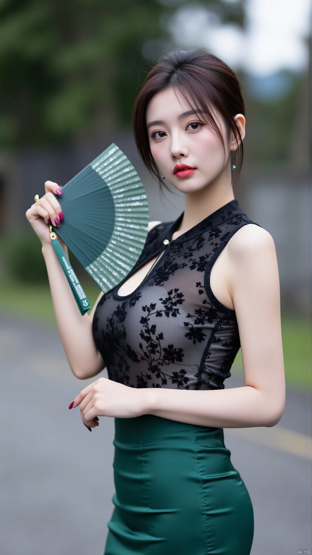 The image is a portrait of a young woman standing on a street. She is wearing a black sleeveless top with a floral pattern and a green skirt. She has dark hair styled in loose waves and is holding a green hand fan in her left hand. The woman is looking directly at the camera with a serious expression on her face. The background is blurred, but it appears to be an outdoor setting with trees and a building.