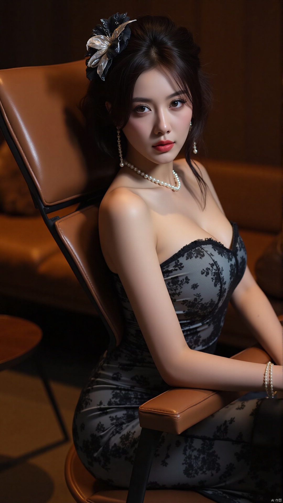 The armchair has a modern design with a curved backrest and armrests. In the background, there is a brown leather couch and a coffee table. The overall mood of the image is elegant and sophisticated.an is also wearing a pearl necklace and a black headpiece with a large flower on top. She has long dark hair styled in loose waves and is looking directly at the camera with a serious expression. The background is blurred, but it appears to be a room with wooden walls and a large window.