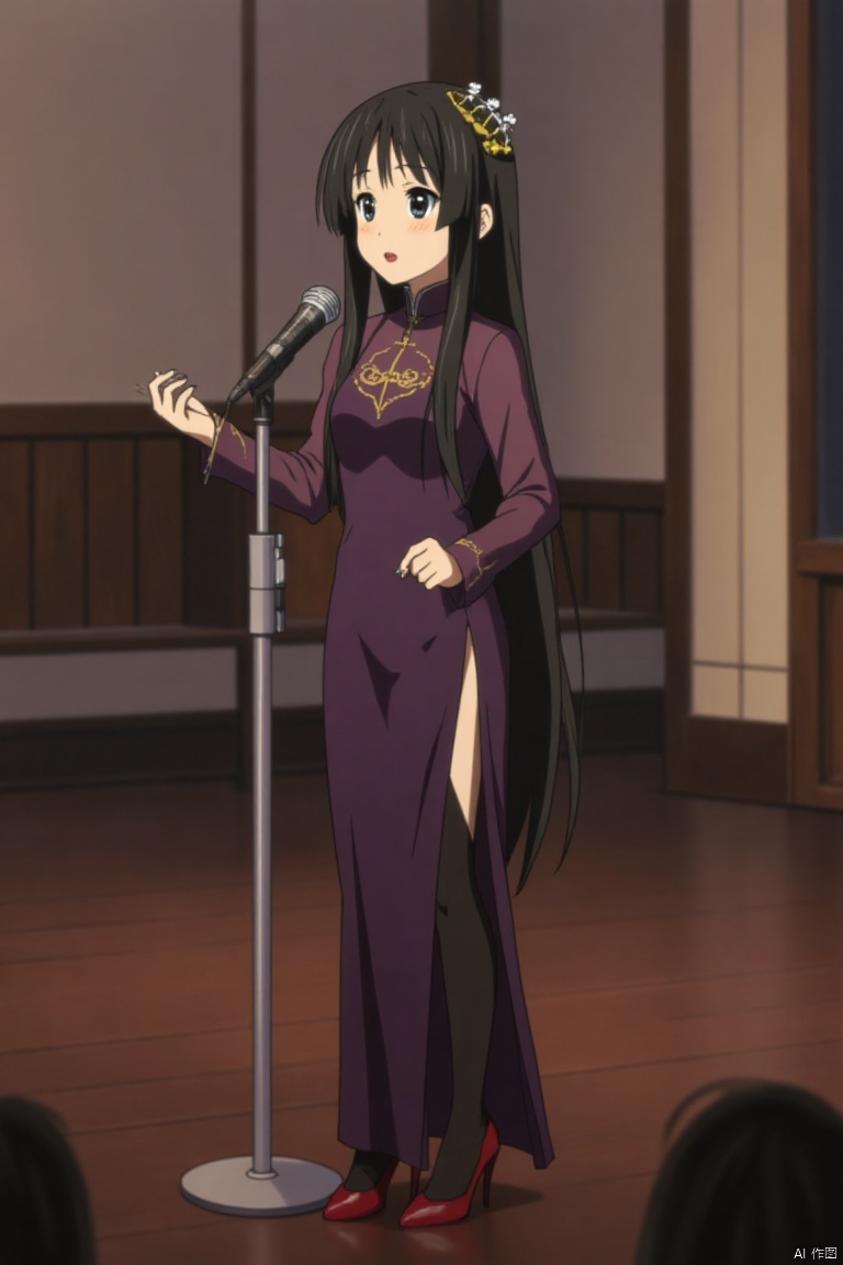 best quality, masterpiece, ultra-detailed, anime), 1girl, black hair, blue eyes, shy, gentle, bassist, Japanese-style Chinese cheongsam, dark purple silk, gold embroidery, pearl accents on collar and cuffs, high slit skirt, black stockings, red high heels, long black hair tied up with gold hairpin, standing on the stage in a music classroom, holding a microphone, ready to sing, confident expression, stage lights, audience, Mid-Autumn Festival