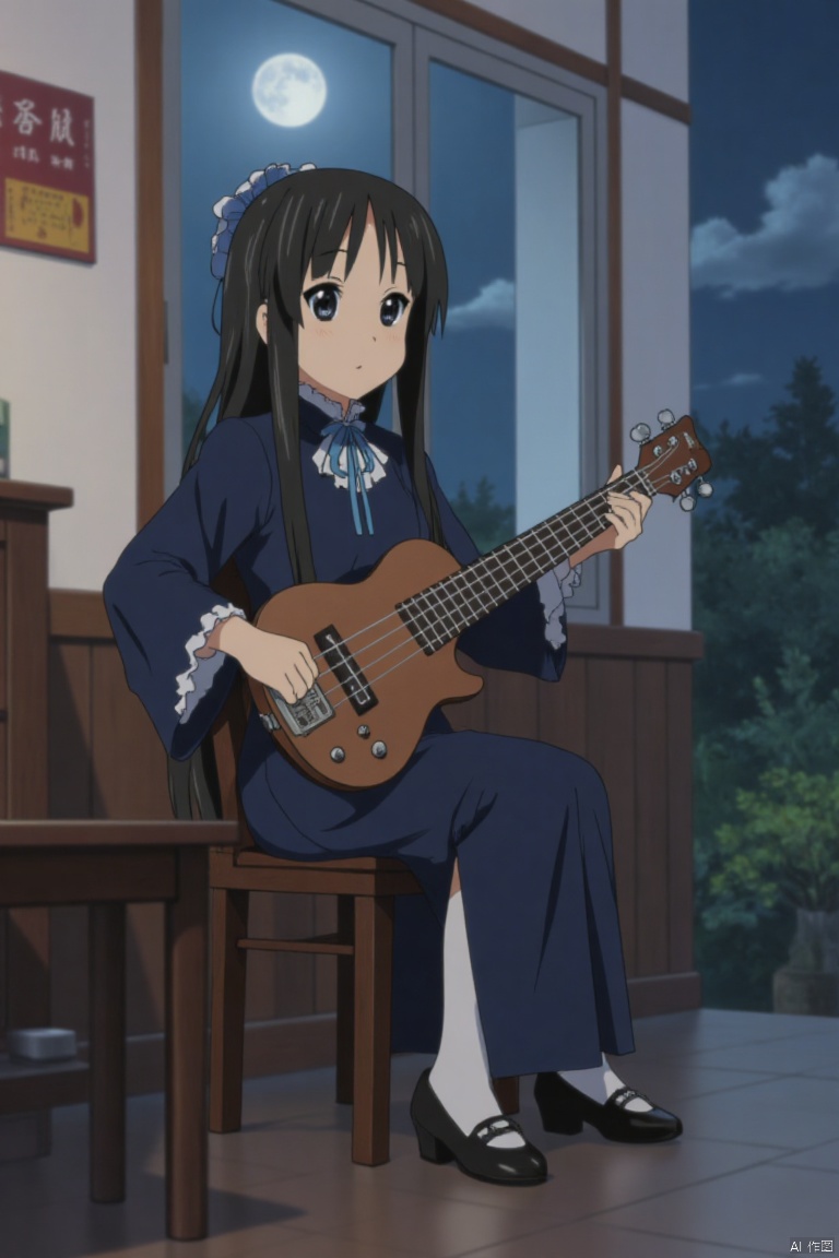 best quality, masterpiece, ultra-detailed, anime), 1girl, black hair, blue eyes, shy, gentle, bassist, traditional Chinese cheongsam, dark blue silk, white lace collar and cuffs, silver moon and cloud embroidery, slit skirt, white stockings, black Mary Jane shoes, double ponytails with blue ribbon bows, sitting by the window in a music classroom, holding a bass, looking at the full moon, gentle smile, moonlight streaming through the window, posters of the light music club on the wall, Mid-Autumn Festival, school, night