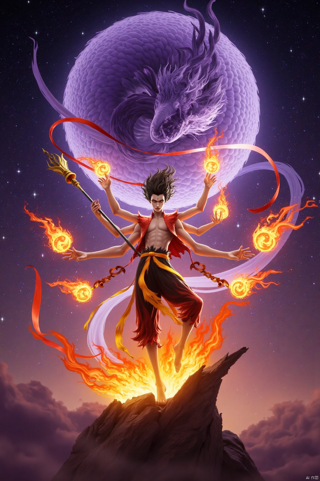 Nezha's majestic dance unfolds against a celestial canvas of twinkling stars, as he stands amidst the wispy tendrils of ethereal light. A colossal dragon, its scales glinting like polished armor, provides a stunning backdrop for Nezha's fiery display. He wears dragon scale armor that mirrors the beast's scales, while holding aloft a spear ablaze with fire and universe circle. Windfire wheels spin wildly, their flames illuminating Nezha's triumphant form - his three-headed and six-armed physique radiates mythic grandeur as he dances amidst the starry expanse.