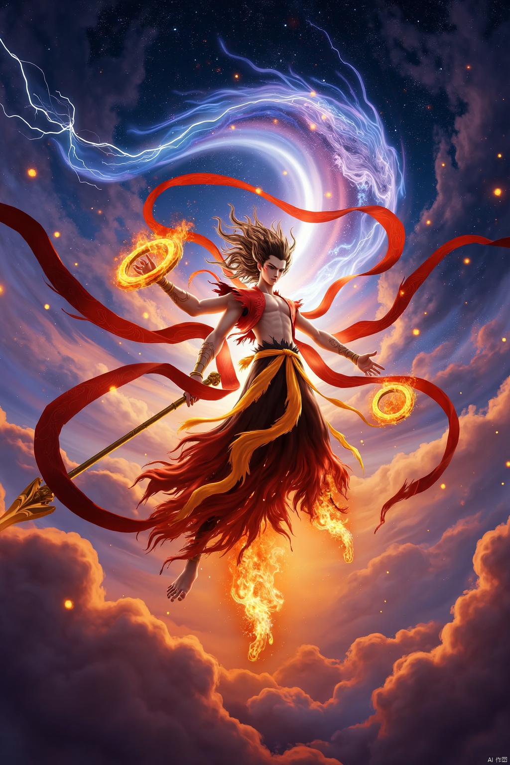 Nezha's majestic figure soars against the celestial canvas, dragon-scale armor glinting like molten lava as he dances amidst swirling clouds of embers. A giant dragon's scales seem to come alive on his armor, as lightning forks across the sky, weaving a tapestry of glowing ribbons and starlight. The air is electric with wind fire wheels spinning wildly, flames licking at the edges of Nezha's fiery-tipped spear and universe circle. His dynamic form, a tri-headed, six-armed marvel, radiates an otherworldly power as the starry sky behind him shimmers like diamonds scattered across the firmament.