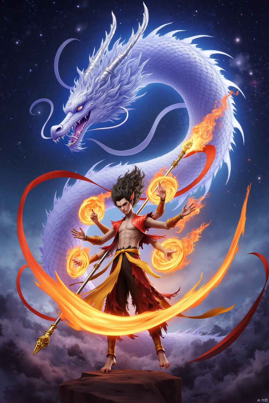 Nezha's majestic dance unfolds against a celestial canvas of twinkling stars, as he stands amidst the wispy tendrils of ethereal light. A colossal dragon, its scales glinting like polished armor, provides a stunning backdrop for Nezha's fiery display. He wears dragon scale armor that mirrors the beast's scales, while holding aloft a spear ablaze with fire and universe circle. Windfire wheels spin wildly, their flames illuminating Nezha's triumphant form - his three-headed and six-armed physique radiates mythic grandeur as he dances amidst the starry expanse.