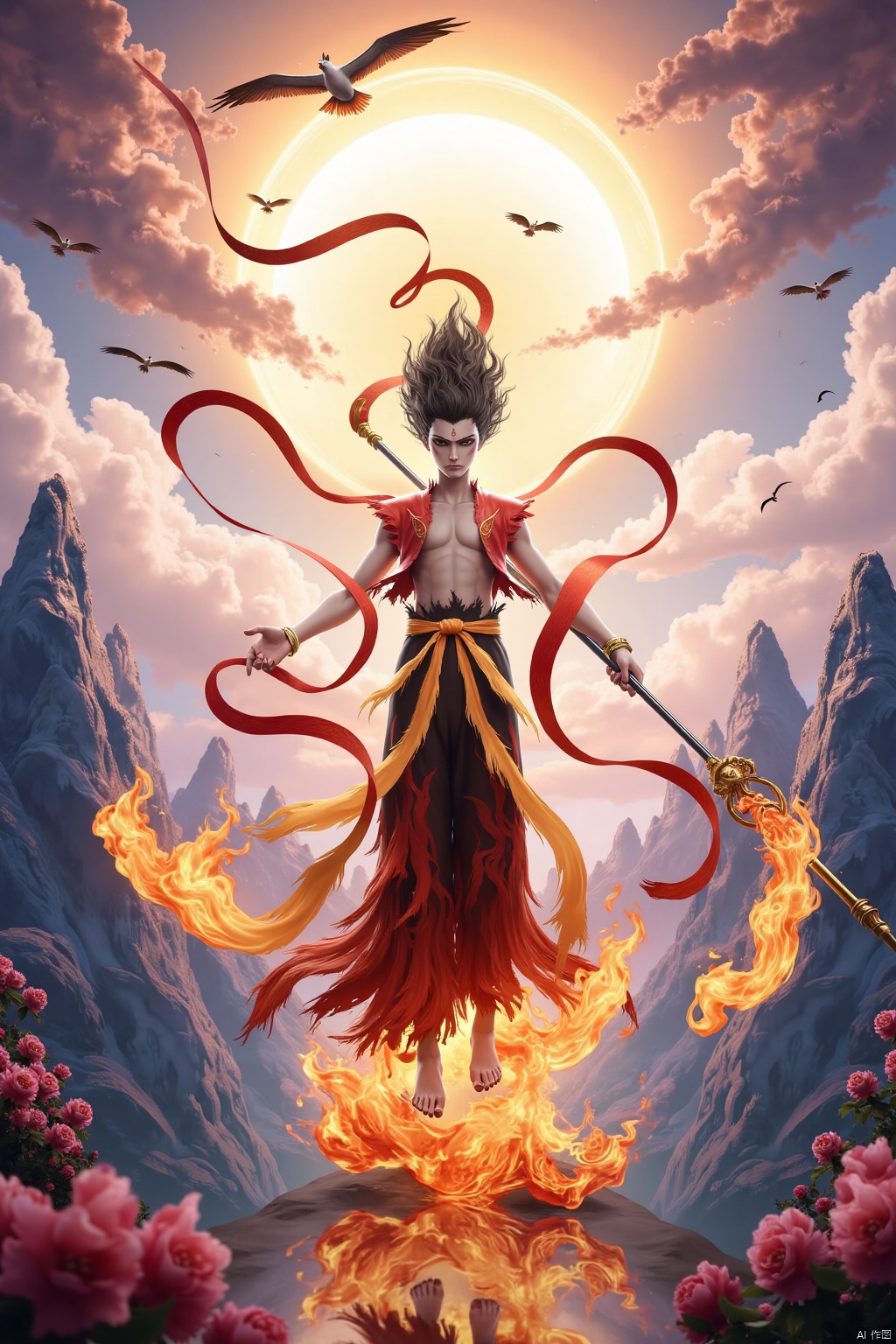 Nezha stands majestically amidst a whimsical fairyland, floating mountains and exotic flowers swirling around him like ethereal clouds. A symphony of auspicious elements converges: cranes soar through the sky, while wind fire wheels spin slowly beneath his feet, flames dancing softly yet majestically. Elegant armor glistens as he holds a fire-tinged spear and chaos ribbon, exuding tranquility and sacredness.