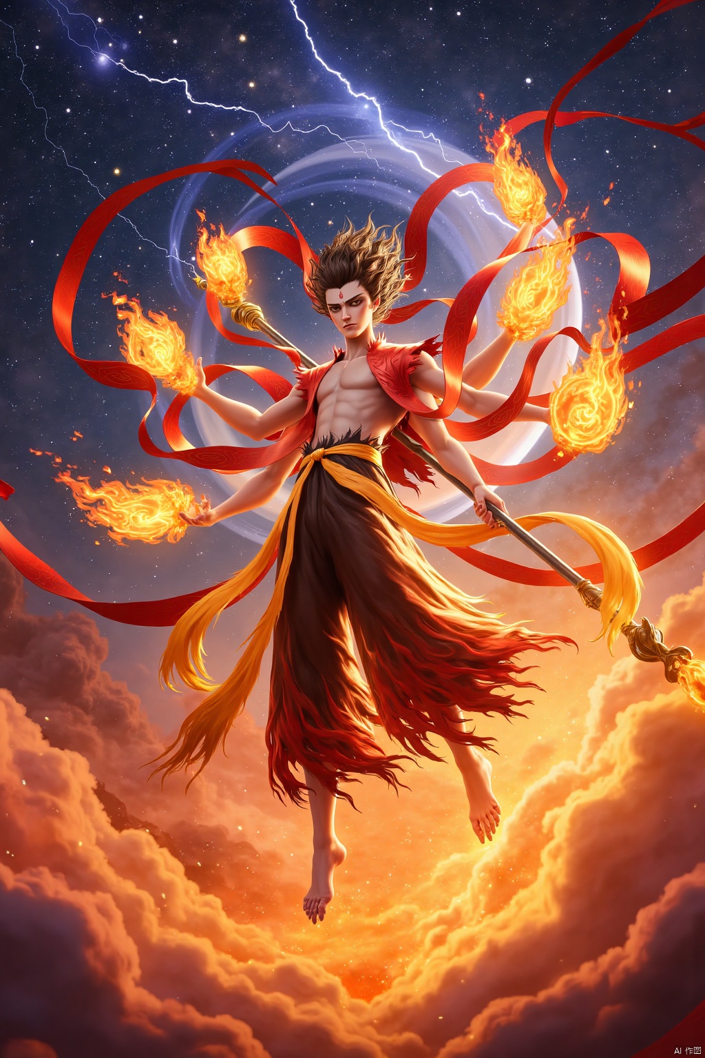 Nezha's majestic figure soars against the celestial canvas, dragon-scale armor glinting like molten lava as he dances amidst swirling clouds of embers. A giant dragon's scales seem to come alive on his armor, as lightning forks across the sky, weaving a tapestry of glowing ribbons and starlight. The air is electric with wind fire wheels spinning wildly, flames licking at the edges of Nezha's fiery-tipped spear and universe circle. His dynamic form, a tri-headed, six-armed marvel, radiates an otherworldly power as the starry sky behind him shimmers like diamonds scattered across the firmament.