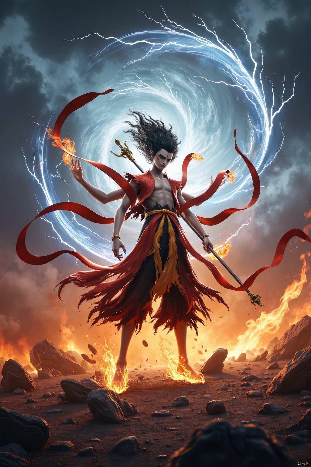 Nezha stands tall amidst a ravaged battlefield, where shattered rocks and broken weapons lie scattered. Dark clouds swirl above, crackling with energy as lightning strikes the ground like silver serpents, amplifying the intense atmosphere. His dragon scale armor glistens in the flickering light, while his fire-tempered spear and universe circle at the ready. The three-headed, six-armed demigod's form radiates power as wind-fire wheels spin beneath his feet, igniting flames that dance with golden-red intensity. Lightning and flame intertwine, casting a mythical glow around Nezha, exuding an aura of unyielding strength.