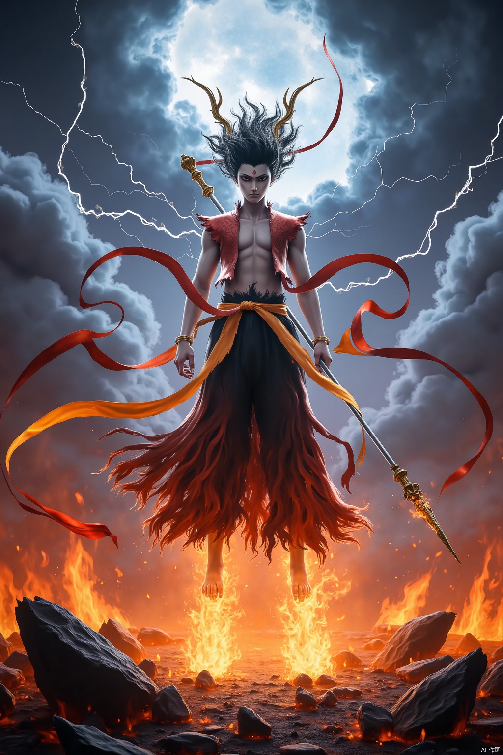 Nezha stands tall amidst a ravaged battlefield, where shattered rocks and broken weapons lie scattered. Dark clouds swirl above, crackling with energy as lightning strikes the ground like silver serpents, amplifying the intense atmosphere. His dragon scale armor glistens in the flickering light, while his fire-tempered spear and universe circle at the ready. The three-headed, six-armed demigod's form radiates power as wind-fire wheels spin beneath his feet, igniting flames that dance with golden-red intensity. Lightning and flame intertwine, casting a mythical glow around Nezha, exuding an aura of unyielding strength.