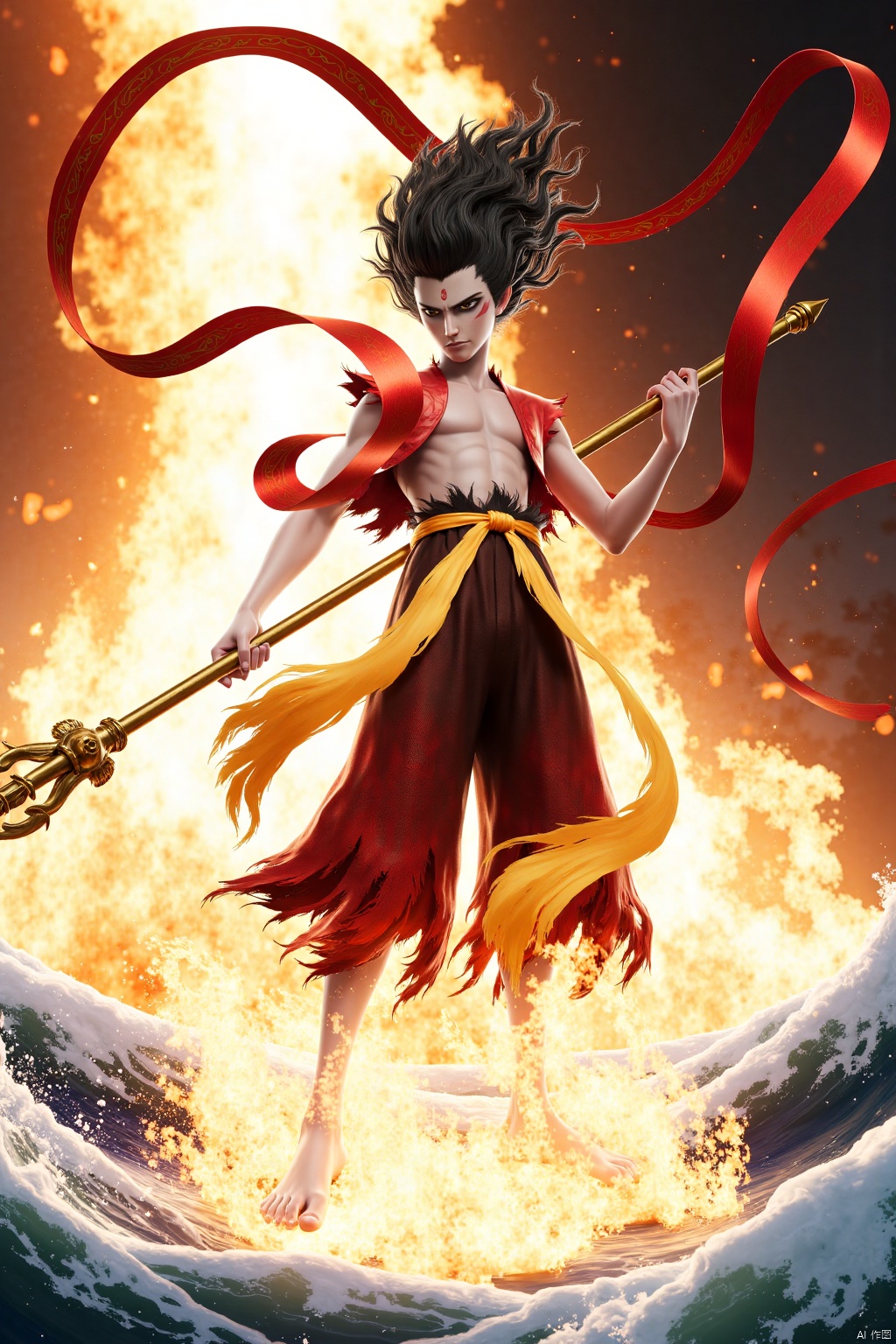 Chinese black and white ink painting,Digital CGI of a muscular,shirtless man with spiky black hair,wearing torn red pants and a red sash,wielding a golden spear. Flames erupt from his feet,and red ribbons swirl around him. emphasizing the dynamic pose and intense energy.,Chinese black and white ink painting,overall illustration style,the background is a towering flame,under my feet are rolling giant waves,