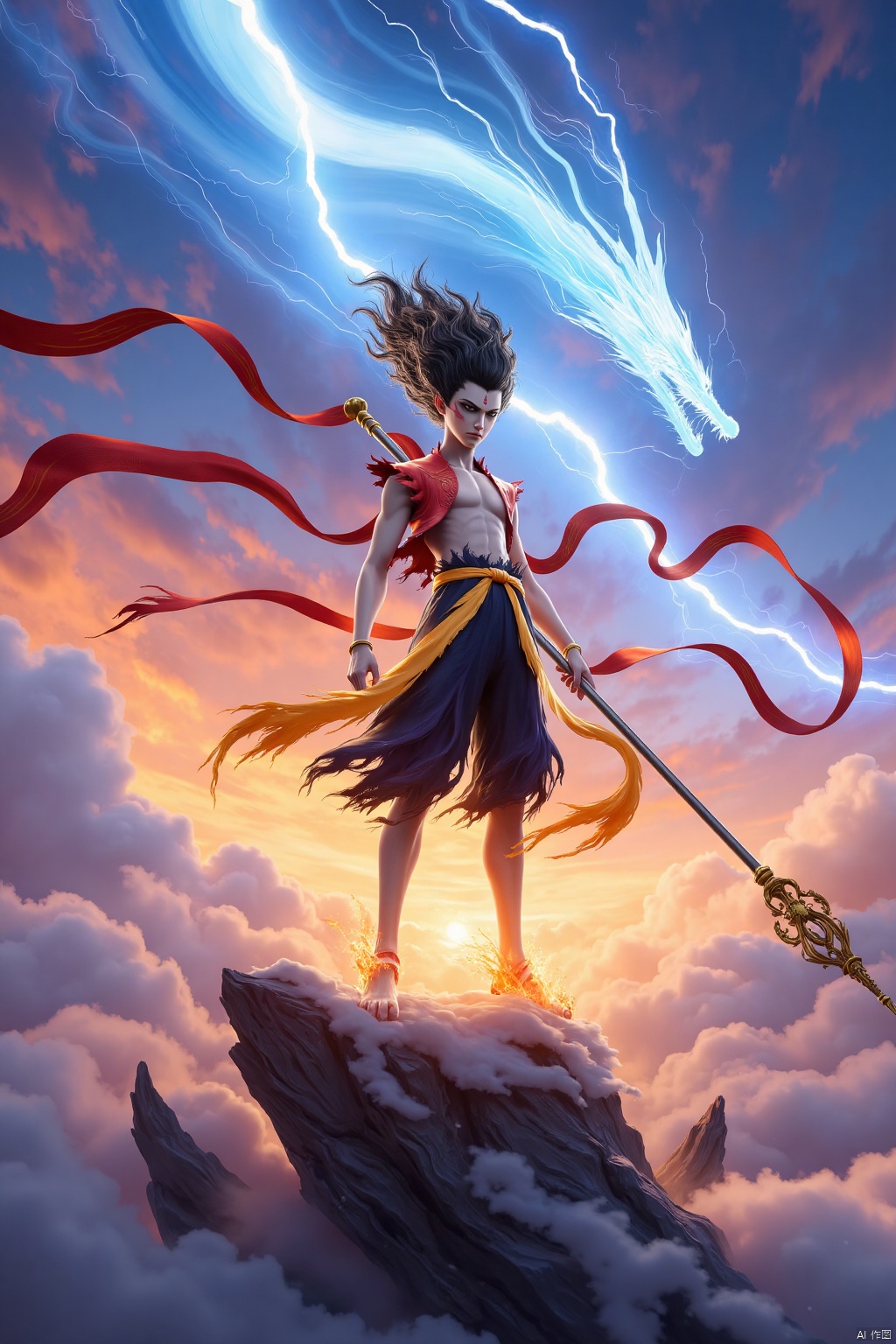 Nezha stands resolute on a wispy cloud, wind-fueled flames crackling beneath his feet as swirling mist dances around him. A vibrant evening sky unfurls above, streaked with colorful clouds and flashing lightning bolts that add to the mystique. His gold and blue armor glistens, holding a chaos ribbon in one hand and a fire-tinged spear aloft. Fierce determination radiates from his gaze as he surveys the fantastical realm below: soaring dragon shadows and ethereal fairy mountains drift lazily across the sky, illuminated by dynamic lightning effects that infuse the atmosphere with ancient mythological grandeur.