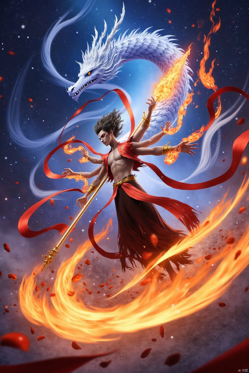 Nezha's majestic dance unfolds against a celestial canvas of twinkling stars, as he stands amidst the wispy tendrils of ethereal light. A colossal dragon, its scales glinting like polished armor, provides a stunning backdrop for Nezha's fiery display. He wears dragon scale armor that mirrors the beast's scales, while holding aloft a spear ablaze with fire and universe circle. Windfire wheels spin wildly, their flames illuminating Nezha's triumphant form - his three-headed and six-armed physique radiates mythic grandeur as he dances amidst the starry expanse.