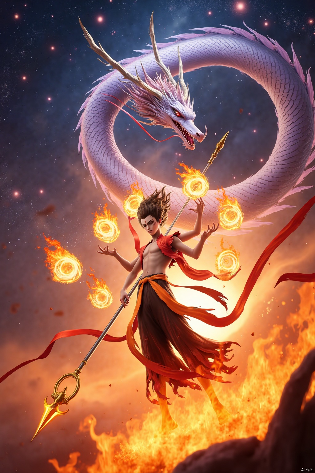 Nezha's majestic dance unfolds against a celestial canvas of twinkling stars, as he stands amidst the wispy tendrils of ethereal light. A colossal dragon, its scales glinting like polished armor, provides a stunning backdrop for Nezha's fiery display. He wears dragon scale armor that mirrors the beast's scales, while holding aloft a spear ablaze with fire and universe circle. Windfire wheels spin wildly, their flames illuminating Nezha's triumphant form - his three-headed and six-armed physique radiates mythic grandeur as he dances amidst the starry expanse.