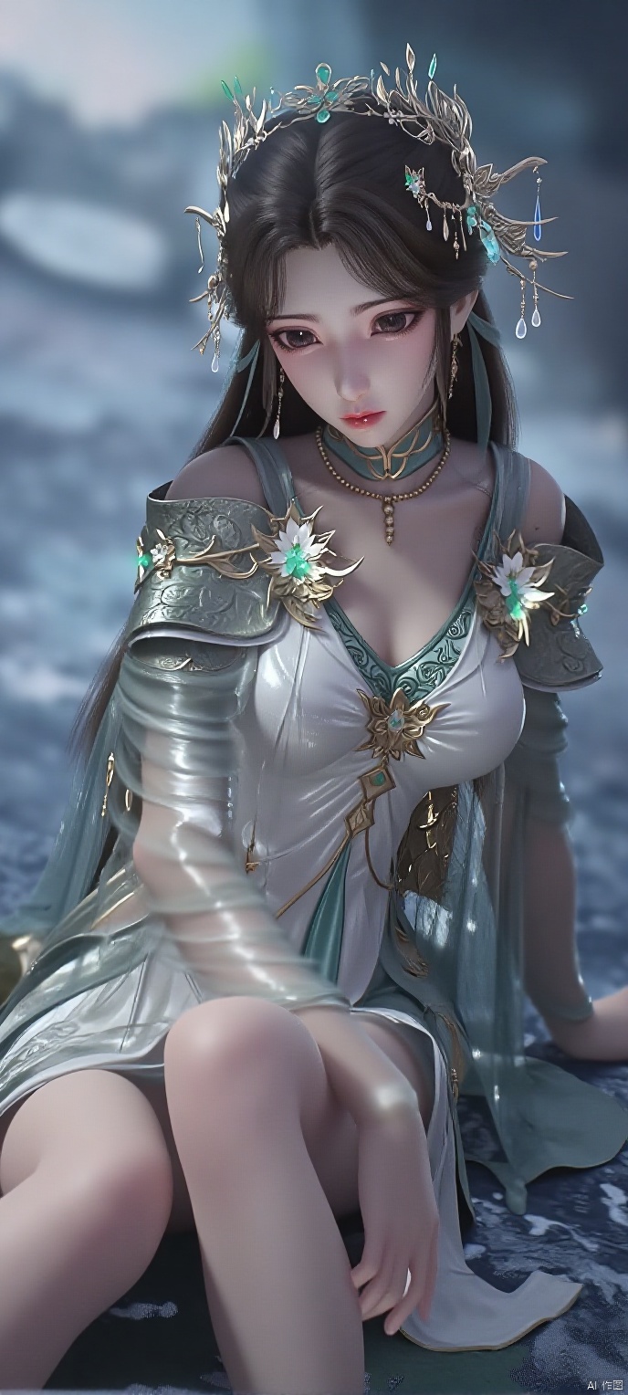 (high definition, Best quality, masterpiece, 4K, exquisite skin), 1girl, solo, breasts, looking at viewer, (snowflake and beam background:1.1), sitting