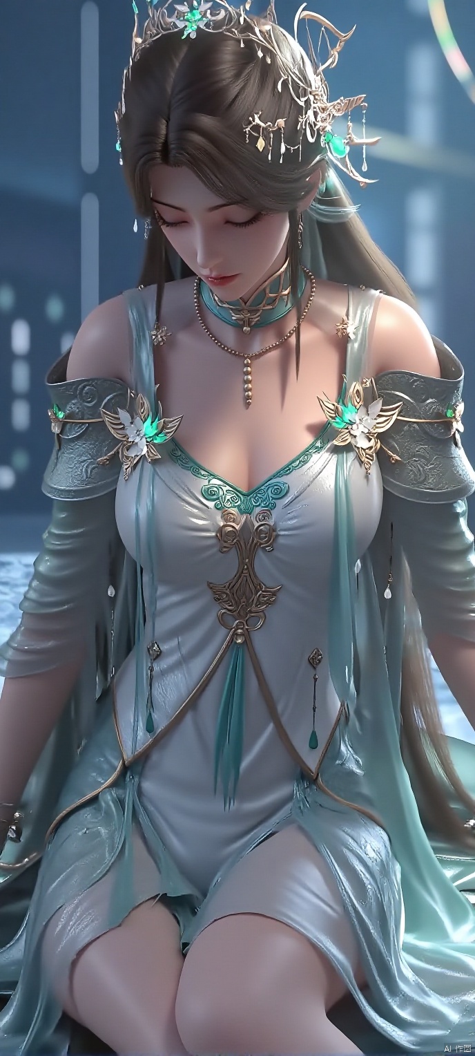 (high definition, Best quality, masterpiece, 4K, exquisite skin), 1girl, solo, breasts, looking at viewer, (snowflake and beam background:1.1), sitting