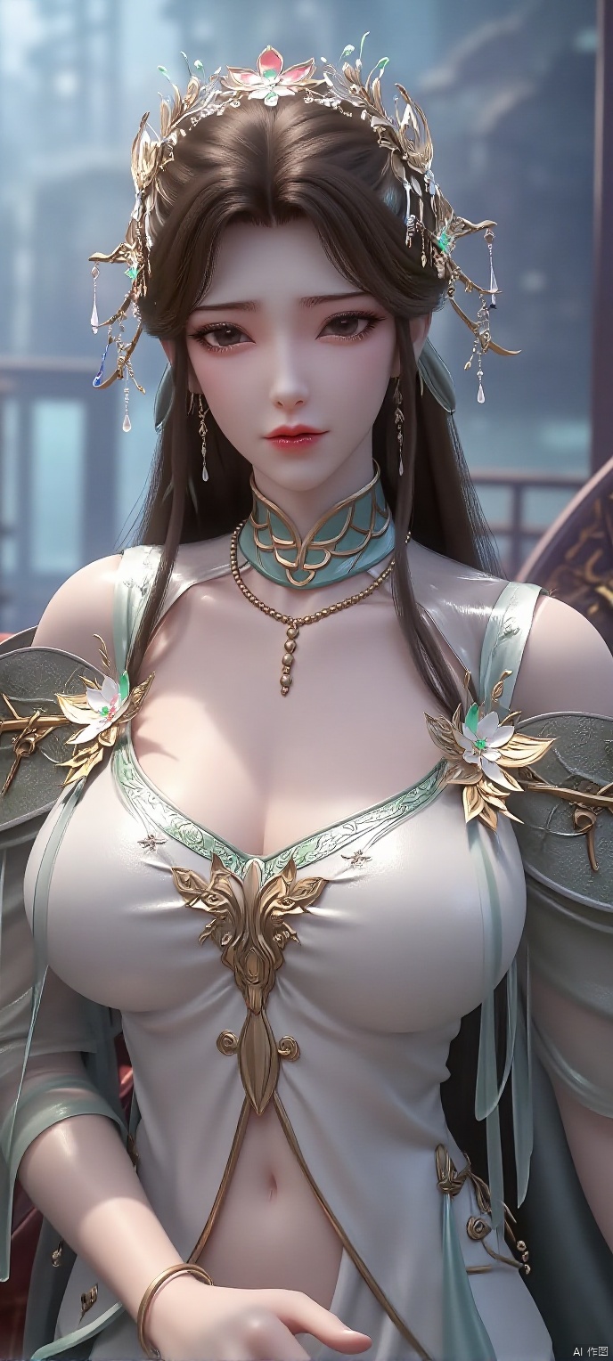 (high definition, Best quality, masterpiece, 4K, exquisite skin), 1girl, solo, breasts, looking at viewer, (snowflake and beam background:1.1), sitting