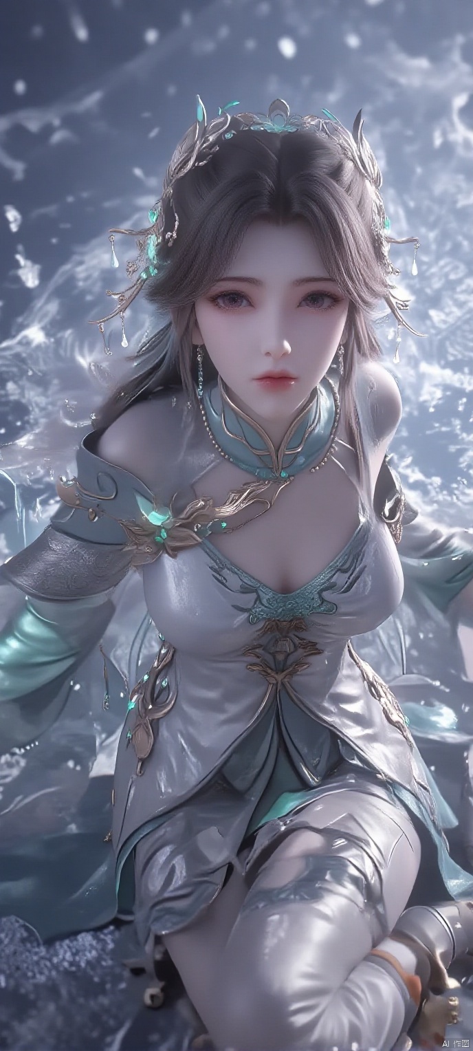 score_9,score_8,(high definition, Best quality, masterpiece, 4K, exquisite skin), 1girl, solo, breasts, looking at viewer, (snowflake and beam background), sitting