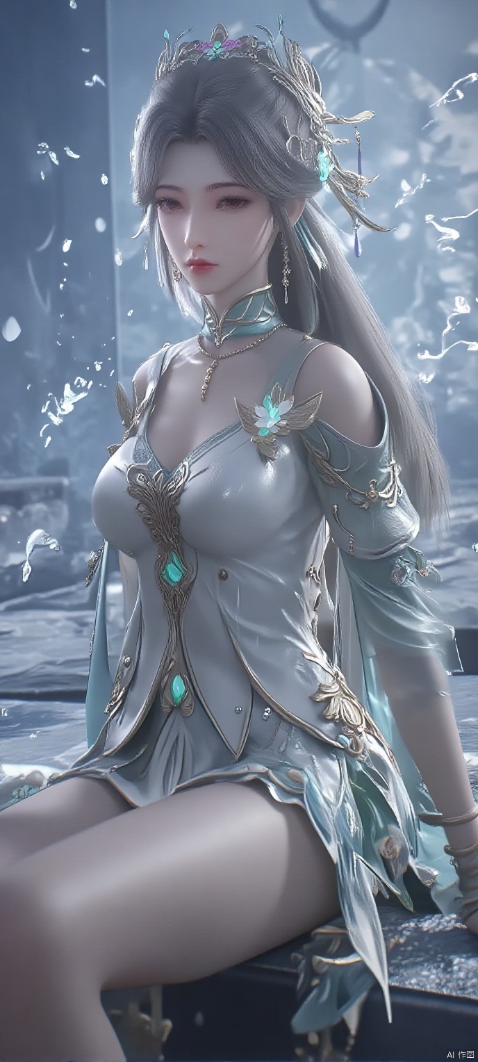 score_9,score_8,(high definition, Best quality, masterpiece, 4K, exquisite skin), 1girl, solo, breasts, looking at viewer, (snowflake and beam background), sitting