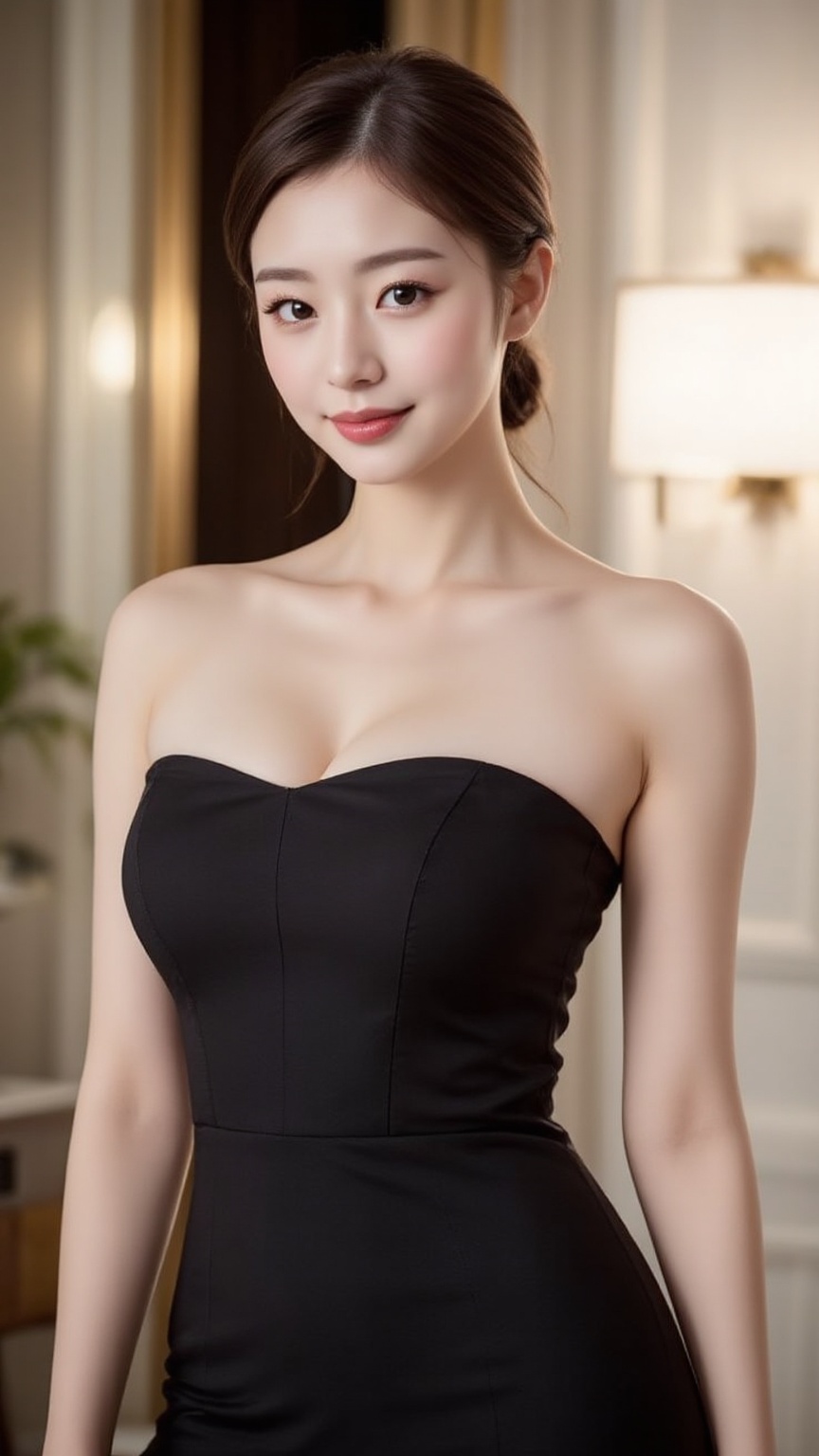 Create a vibrant image of a young Asian woman with bright pink lips and a faint smile,  wearing a tube-neck A-line dress....
