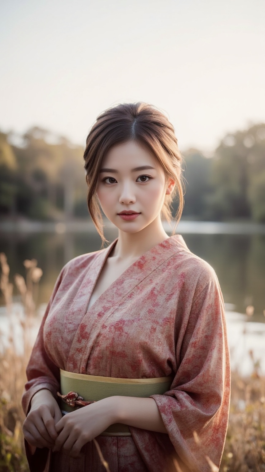Create a contemplative scene featuring a young Asian woman wearing a delicate,  vibrant kimono,  her polished dark brown n...