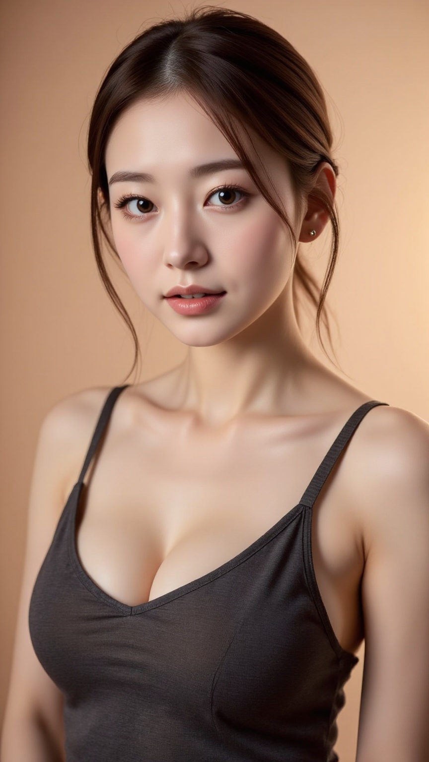 Photorealistic close-up portrait of a woman from the thighs up,  wearing a dark gray spaghetti-strap top. Her hair is pull...