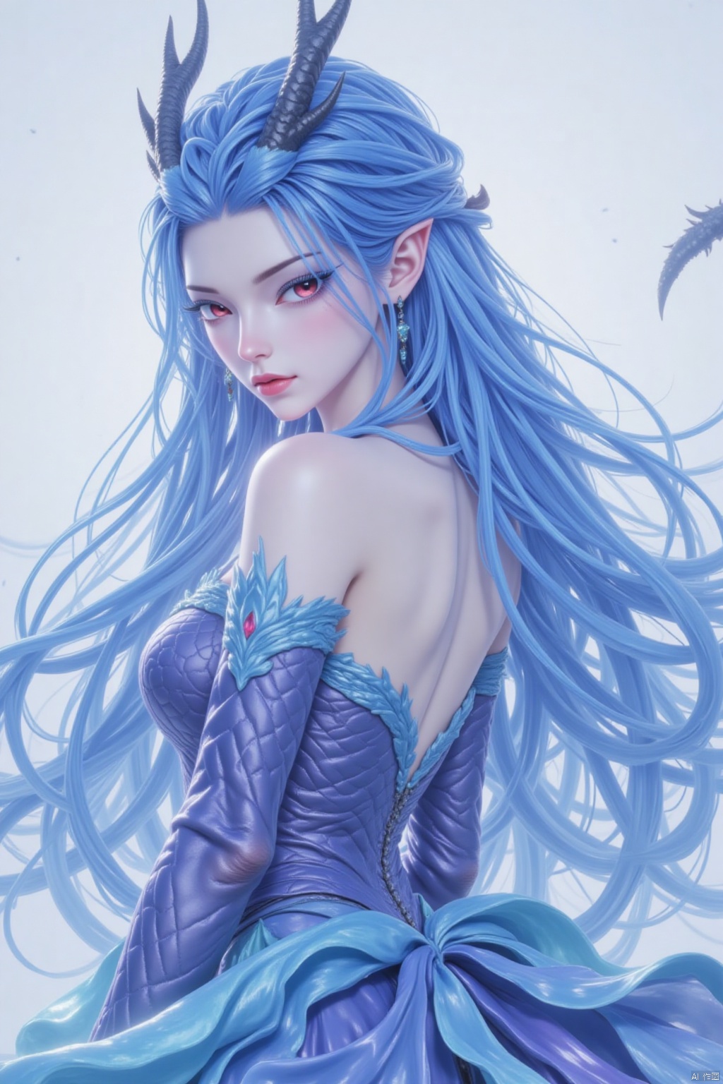 1girl, solo, long hair, breasts, looking at viewer, red eyes, dress, bare shoulders, jewelry, medium breasts, closed mouth, blue hair, tail, upper body, earrings, horns, pointy ears, from side, eyelashes, makeup, dragon horns, dragon girl, backless outfit, scales