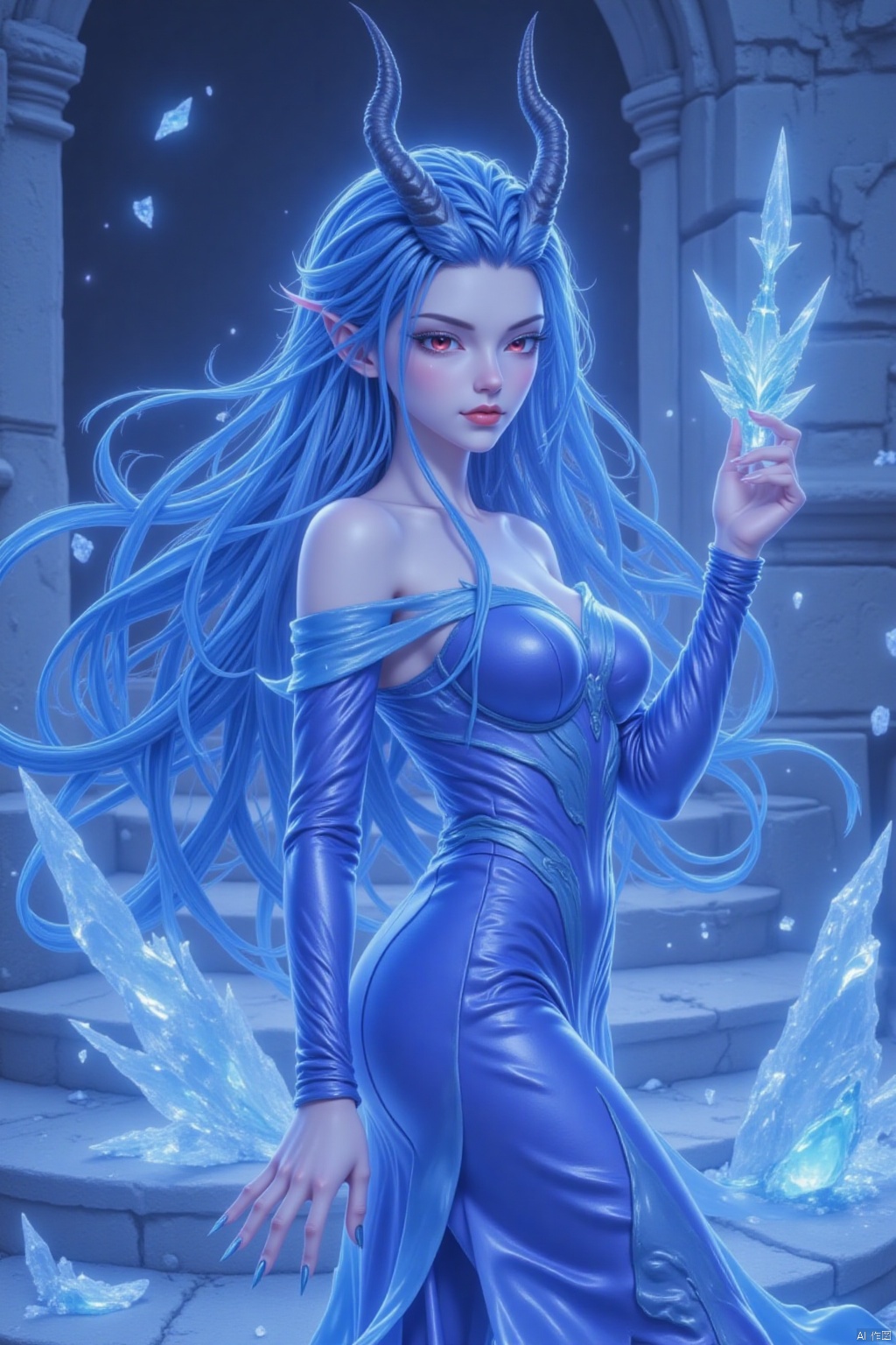 1girl, solo, long hair, breasts, looking at viewer, red eyes, dress, bare shoulders, blue hair, standing, horns, pointy ears, hand up, blue dress, monster girl, claws, ice, stairs