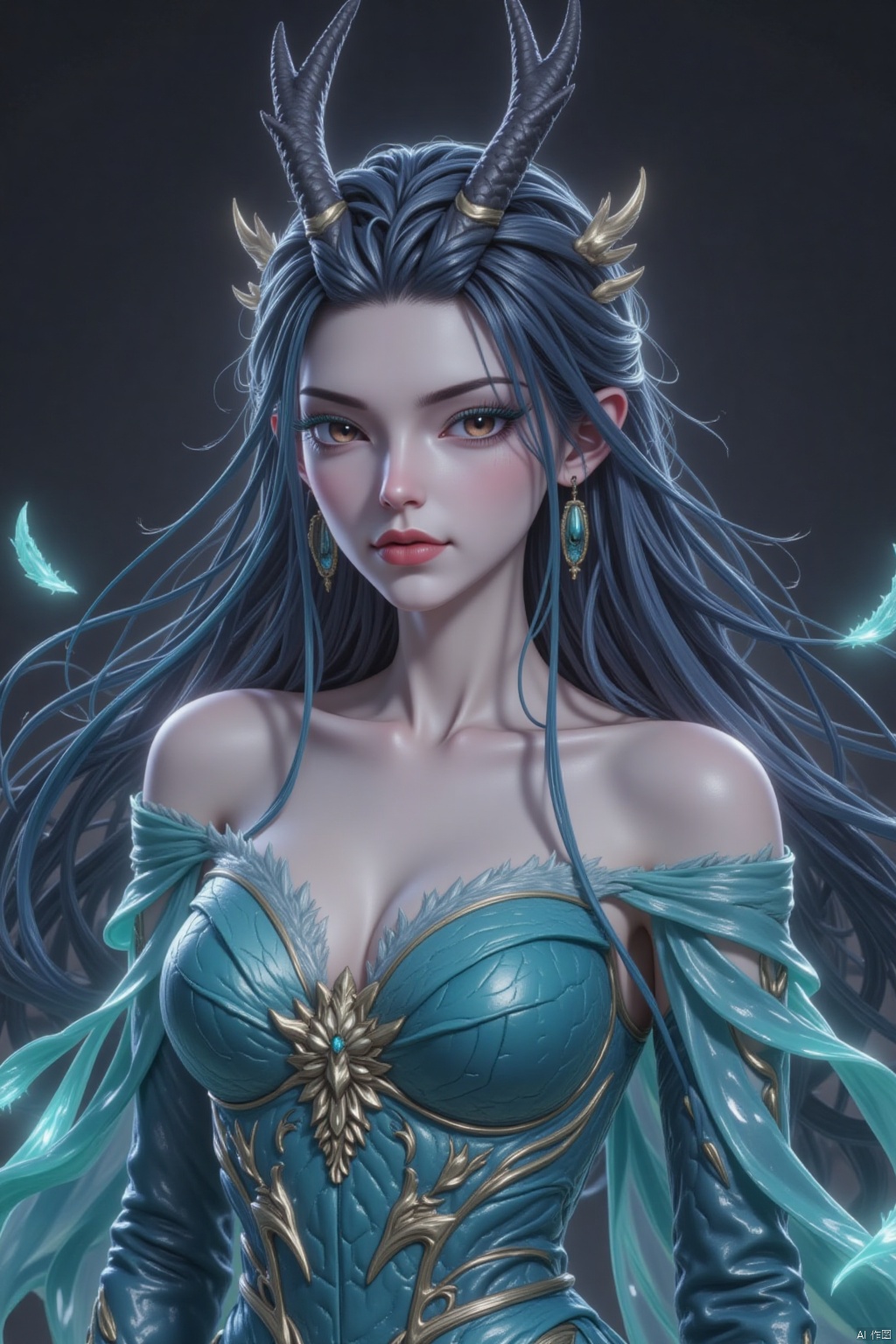 The image depicts a beautifully rendered character with long, flowing dark hair adorned with intricate golden and teal accessories. The character is wearing an elegant, form-fitting outfit that combines elements of fantasy and high fashion. The attire is primarily teal with gold accents, featuring ornate designs and patterns that resemble wings or feathers. The outfit includes a high-collared top with a delicate necklace, and the shoulders are adorned with layered, translucent teal fabric that adds a touch of ethereal beauty. The character's expression is serene and confident, with a slight turn of the head that highlights the detailed design of the outfit and the overall aesthetic. The background is dark and somewhat mysterious, with subtle hints of light and shadows that enhance the character's prominence in the scene.