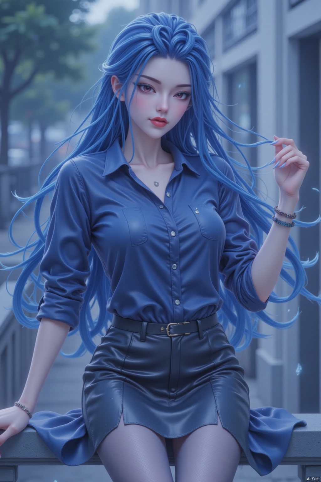 The image depicts a digitally rendered character of a woman sitting on a railing. She has long, blue hair that is styled in loose waves, cascading over her shoulders. Her attire consists of a dark blue button-up shirt with rolled-up sleeves, paired with a black skirt that has a slight sheen, suggesting a form-fitting design. She is also wearing sheer black stockings.

The woman is accessorized with a delicate necklace featuring a small pendant and a bracelet on her right wrist. Her makeup is subtle yet elegant, with a focus on her eyes, which are accentuated with eyeliner and mascara. Her lips are painted with a soft, natural shade of lipstick.

The background is blurred, featuring what appears to be an outdoor setting with trees and possibly a building, but the details are not clear due to the depth of field effect. The overall color palette of the image is cool and muted, with a focus on blues and blacks.