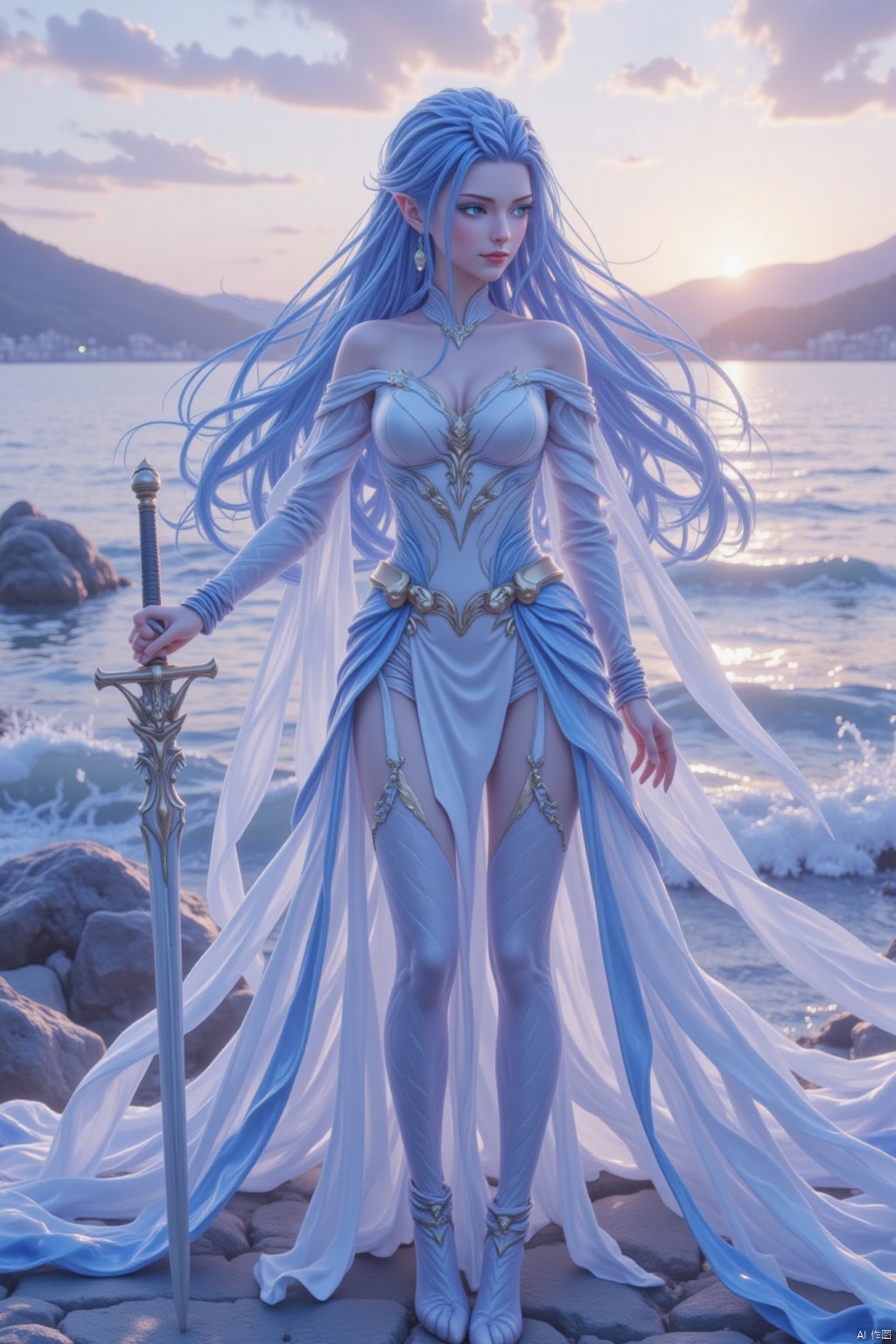 The image depicts a fantasy character standing by a serene body of water during sunset. The character has long, flowing blue hair and is dressed in an elaborate, white and blue outfit adorned with gold accents. The outfit includes a high-collared top with intricate designs and a flowing cape. The character is holding a sword with a decorative hilt, which is positioned to the left side of the image. The background features a calm sea with gentle waves, a rocky shoreline, and a distant mountain range under a sky painted with soft, warm hues of orange and pink. The overall atmosphere is tranquil and mystical, enhanced by the character's elegant and detailed attire.