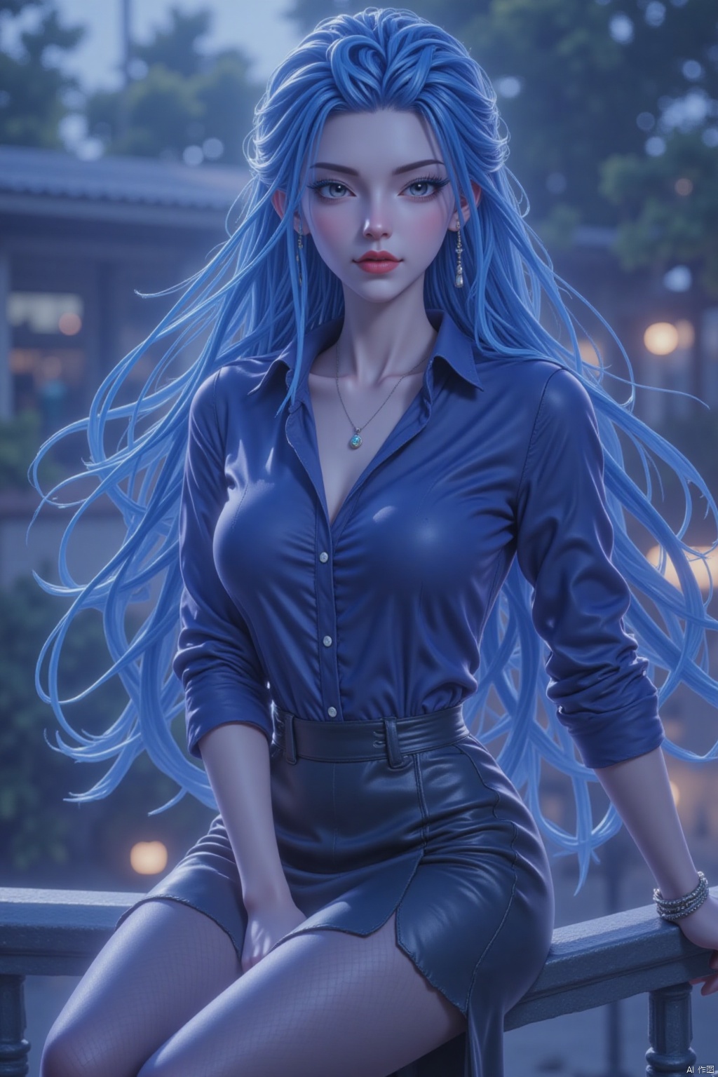 The image depicts a digitally rendered character of a woman sitting on a railing. She has long, blue hair that is styled in loose waves, cascading over her shoulders. Her attire consists of a dark blue button-up shirt with rolled-up sleeves, paired with a black skirt that has a slight sheen, suggesting a form-fitting design. She is also wearing sheer black stockings.

The woman is accessorized with a delicate necklace featuring a small pendant and a bracelet on her right wrist. Her makeup is subtle yet elegant, with a focus on her eyes, which are accentuated with eyeliner and mascara. Her lips are painted with a soft, natural shade of lipstick.

The background is blurred, featuring what appears to be an outdoor setting with trees and possibly a building, but the details are not clear due to the depth of field effect. The overall color palette of the image is cool and muted, with a focus on blues and blacks.