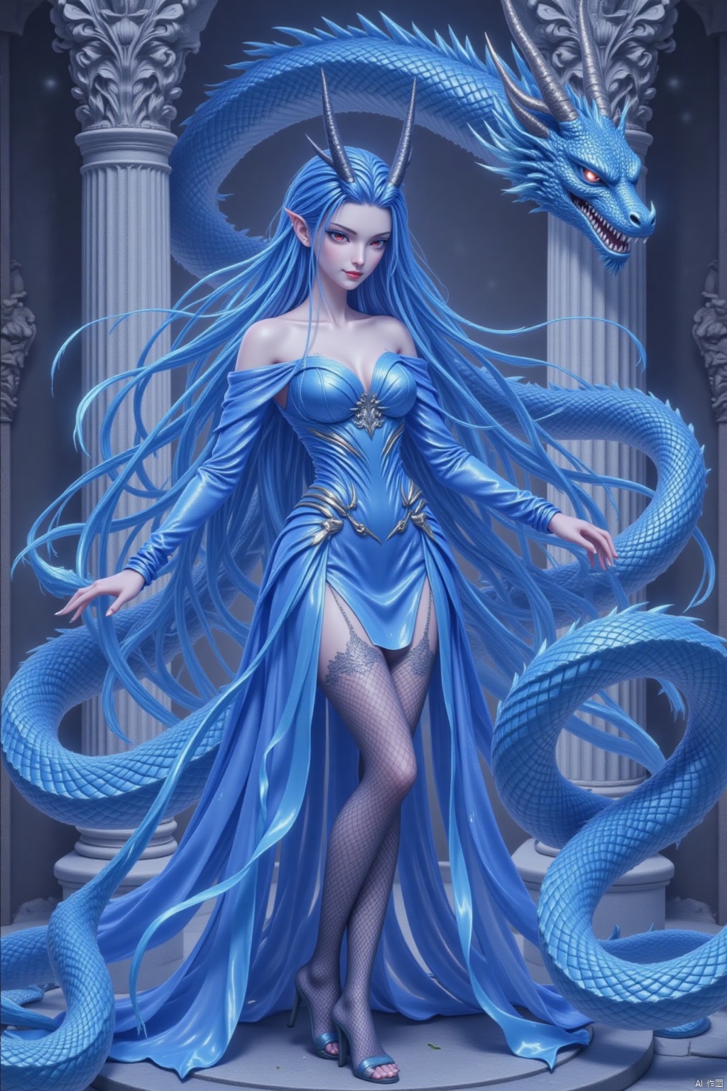 1girl, solo, long hair, breasts, looking at viewer, thighhighs, dress, bare shoulders, very long hair, blue hair, standing, full body, horns, pointy ears, covered navel, blue dress, fishnets, snake, dragon, scales, pillar