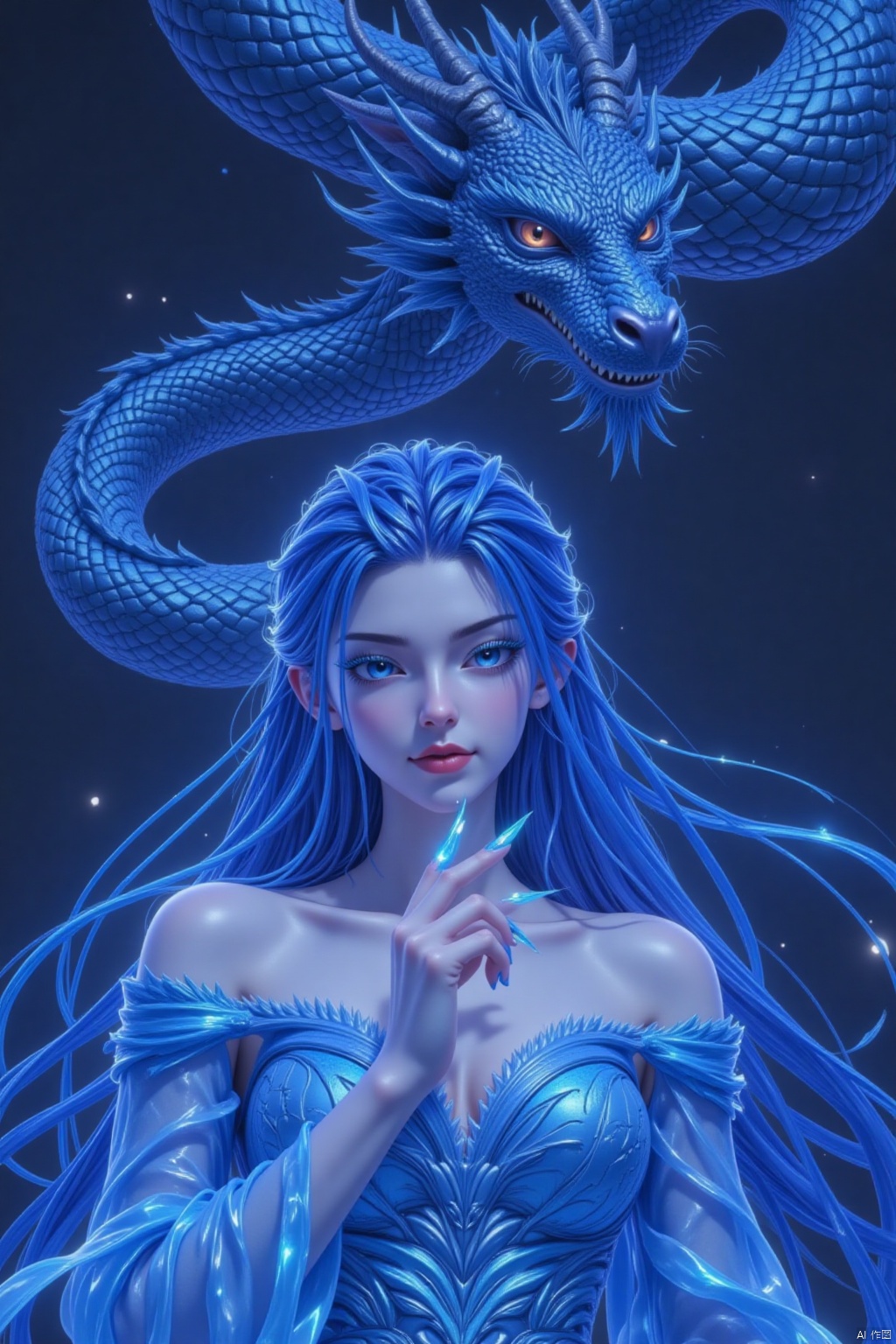 Against a dark blue background, a confident young girl with piercing blue eyes and vibrant blue hair stands solo, her long locks flowing down her back. Her gaze is cast downward, her mouth curved upward in a subtle smile. Exaggerated nails on her fingertips gleam with an electric blue hue that matches the color of her hair. A majestic dragon hovers above her, its scales shimmering with a mesmerizing iridescence. The girl wears an off-the-shoulder dress with intricate details, rendered in stunning 4K resolution. In this masterpiece, every brushstroke seems to pulse with life, as if the ink painting style has been infused with digital magic. Perfect for a high-resolution wallpaper, this artwork exudes a sense of wonder and enchantment.