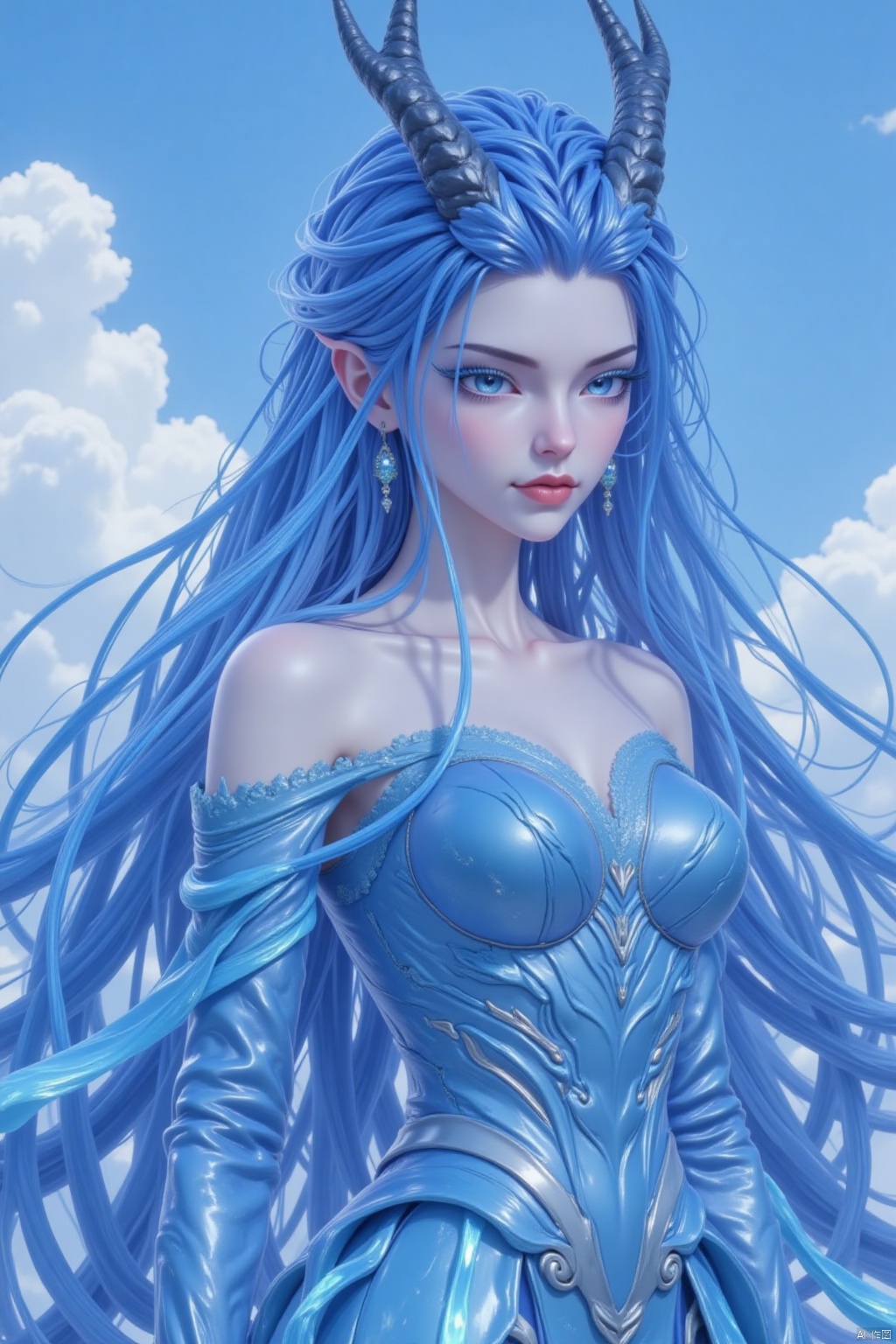 1girl, solo, long hair, blue eyes, bare shoulders, jewelry, very long hair, blue hair, standing, full body, outdoors, horns, sky, day, cloud, blue sky, wavy hair, monster girl, riding, taur