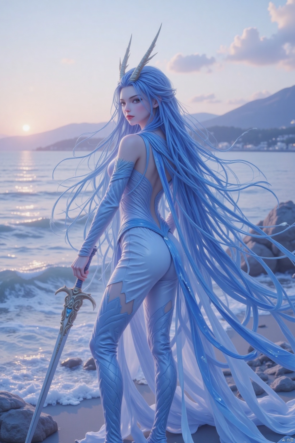 The image depicts a fantasy character standing by a serene body of water during sunset. The character has long, flowing blue hair and is dressed in an elaborate, white and blue outfit adorned with gold accents. The outfit includes a high-collared top with intricate designs and a flowing cape. The character is holding a sword with a decorative hilt, which is positioned to the left side of the image. The background features a calm sea with gentle waves, a rocky shoreline, and a distant mountain range under a sky painted with soft, warm hues of orange and pink. The overall atmosphere is tranquil and mystical, enhanced by the character's elegant and detailed attire.
