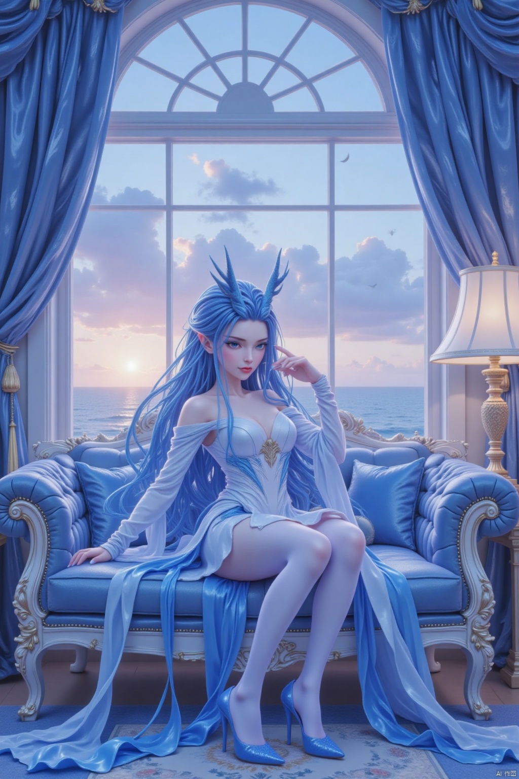 The image depicts a beautifully illustrated character sitting on a luxurious sofa in a well-decorated room. The character has long, flowing blue hair and is wearing an elegant outfit that combines white and blue colors with gold accents. The outfit includes a high-collared top with intricate designs and a short skirt, along with thigh-high white stockings and blue high-heeled shoes.

The room is adorned with blue and gold decor, including a plush sofa with matching cushions and a lamp with a gold base and white shade. The window in the background reveals a serene ocean view during sunset, with the sky painted in soft hues of blue and orange. The overall atmosphere of the room is calm and sophisticated, enhanced by the elegant drapery and the warm lighting from the lamp.