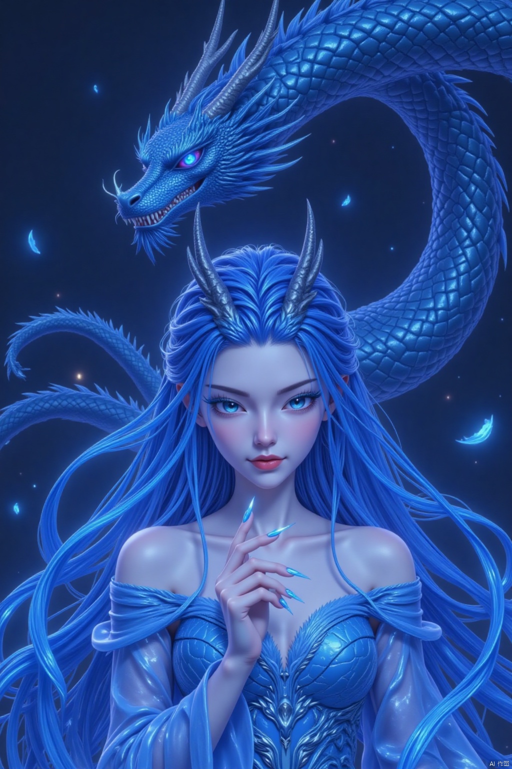 Against a dark blue background, a confident young girl with piercing blue eyes and vibrant blue hair stands solo, her long locks flowing down her back. Her gaze is cast downward, her mouth curved upward in a subtle smile. Exaggerated nails on her fingertips gleam with an electric blue hue that matches the color of her hair. A majestic dragon hovers above her, its scales shimmering with a mesmerizing iridescence. The girl wears an off-the-shoulder dress with intricate details, rendered in stunning 4K resolution. In this masterpiece, every brushstroke seems to pulse with life, as if the ink painting style has been infused with digital magic. Perfect for a high-resolution wallpaper, this artwork exudes a sense of wonder and enchantment.