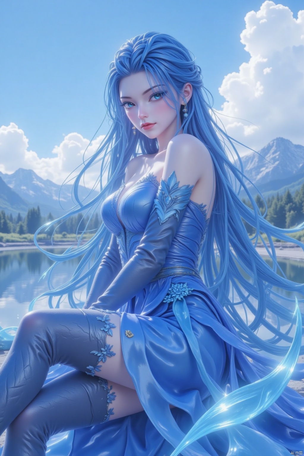 1girl, solo, long hair, breasts, looking at viewer, blue eyes, thighhighs, gloves, dress, bare shoulders, jewelry, medium breasts, sitting, blue hair, earrings, boots, outdoors, sky, sleeveless, day, black gloves, elbow gloves, looking back, cloud, water, high heels, blue sky, makeup, sleeveless dress, blue dress, thigh boots, cloudy sky, side slit, high heel boots, reflection, mountain, riding, horse, horseback riding