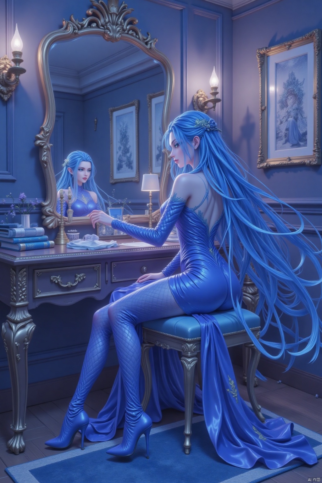 The image depicts a beautifully rendered, fantasy-style character sitting at a vanity table. The character has long, flowing blue hair and is wearing an elegant, form-fitting blue dress adorned with gold accents and intricate designs. The dress has a high neckline and long sleeves, and the character is wearing high-heeled shoes that match the color of the dress.

The character is seated on a cushioned stool with golden legs, and she is leaning slightly forward with one hand resting on the vanity table. The vanity table is dark wood with ornate golden accents, and it holds a few items, including a small mirror and some books or papers.

The room has a soft, warm lighting, with two wall-mounted lamps casting a gentle glow. The walls are painted a soothing blue, and there is a decorative mirror with a golden frame hanging on the wall. The floor is wooden, and there is a blue rug beneath the vanity table. The overall atmosphere of the room is luxurious and serene.