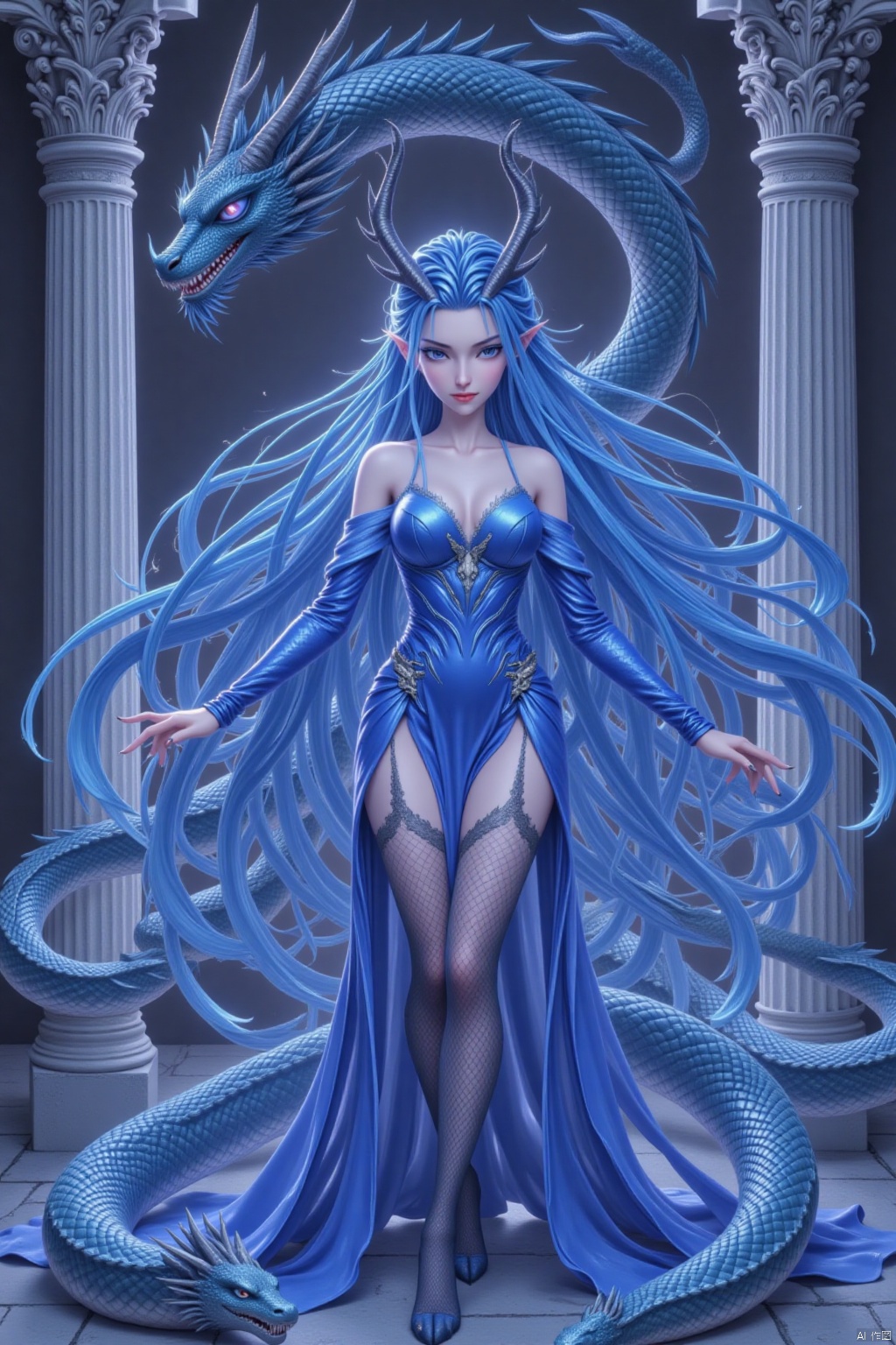 1girl, solo, long hair, breasts, looking at viewer, thighhighs, dress, bare shoulders, very long hair, blue hair, standing, full body, horns, pointy ears, covered navel, blue dress, fishnets, snake, dragon, scales, pillar