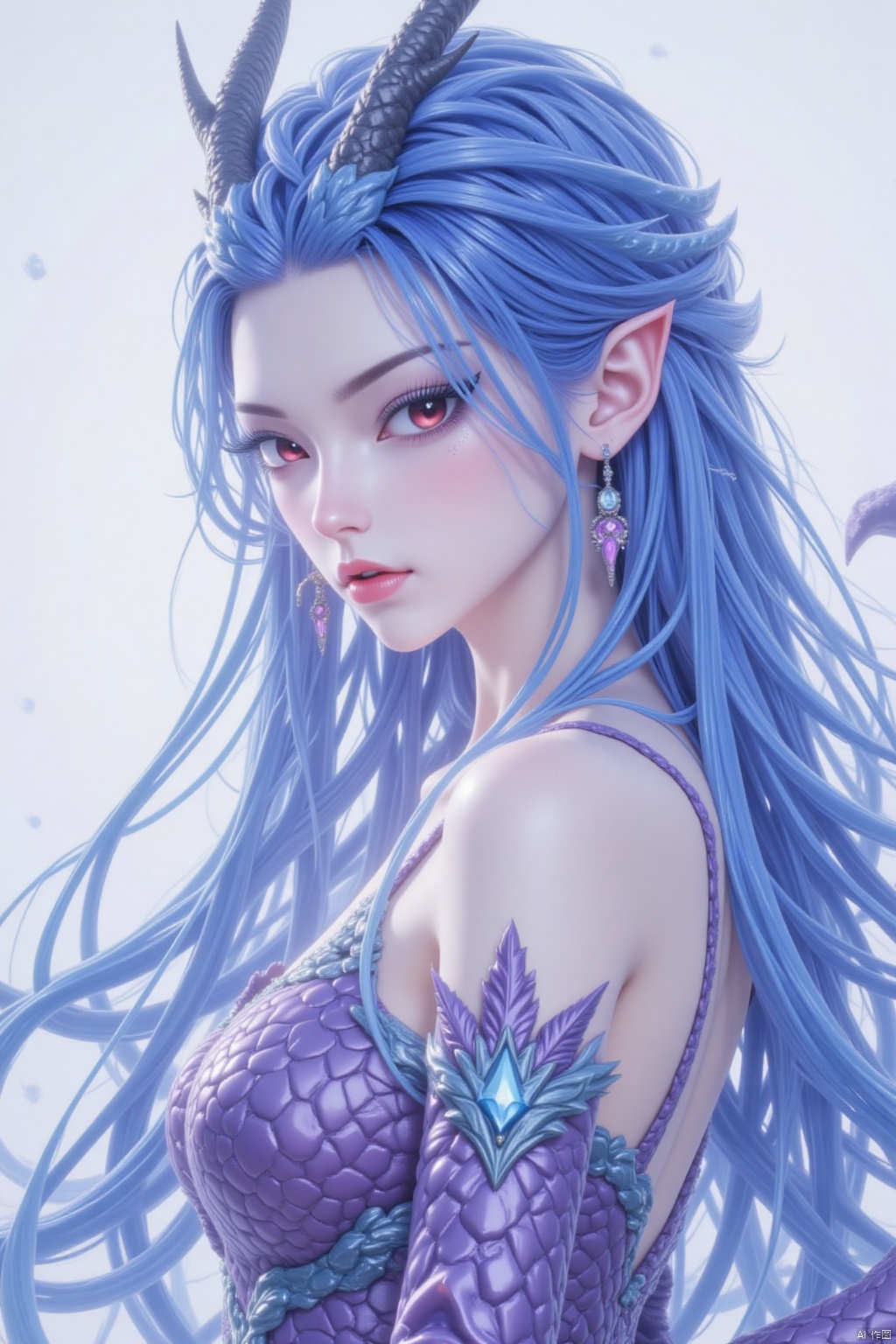1girl, solo, long hair, breasts, looking at viewer, red eyes, dress, bare shoulders, jewelry, medium breasts, closed mouth, blue hair, tail, upper body, earrings, horns, pointy ears, from side, eyelashes, makeup, dragon horns, dragon girl, backless outfit, scales
