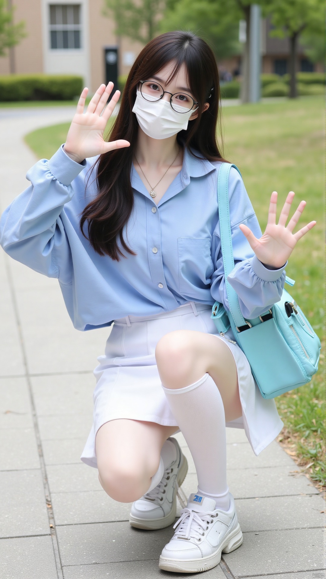 1girl,wearing a mask,long hair,looking at viewer,skirt,shirt,black hair,long sleeves,full body,outdoors,one eye closed,shoes,glasses,socks,necklace,bag,kneehighs,mask,squatting,white skirt,blue shirt,white socks,sneakers,waving,mouth mask,surgical mask