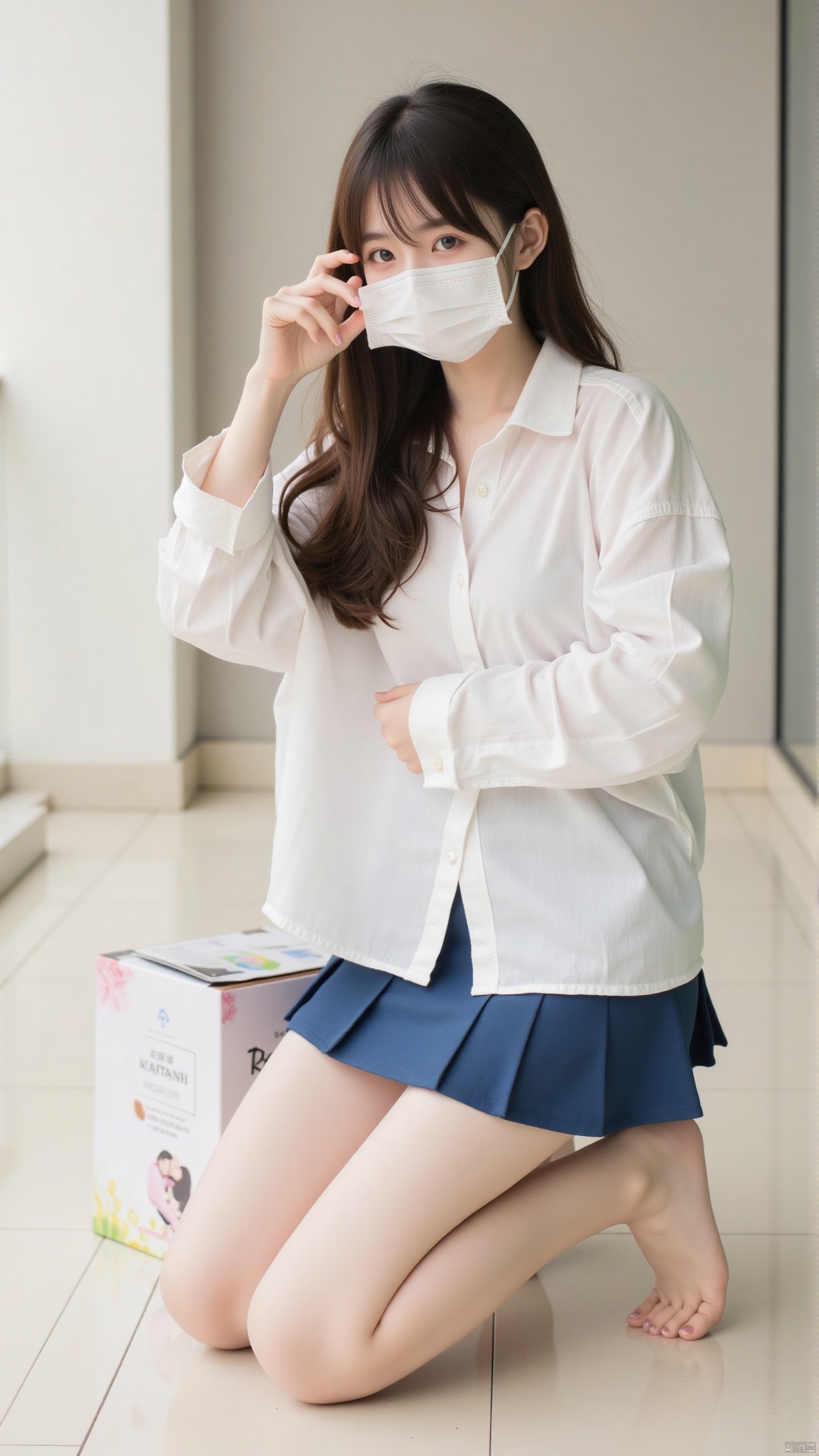 1girl,wearing a mask,long hair,looking at viewer,bangs,skirt,brown hair,shirt,long sleeves,brown eyes,full body,white shirt,pleated skirt,barefoot,indoors,blue skirt,book,kneeling,mouth mask,surgical mask,white mask