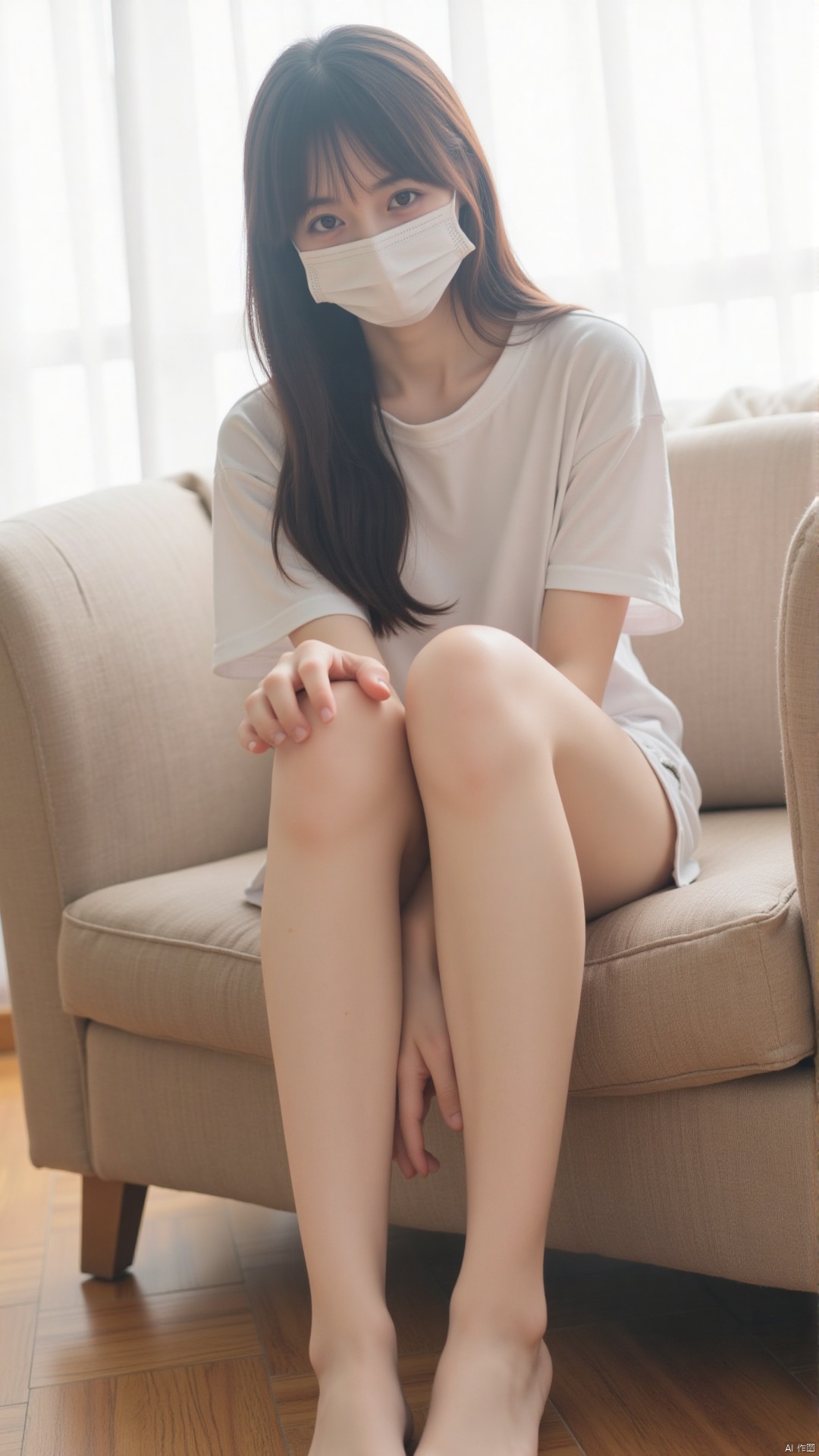 1girl,wearing a mask,long hair,looking at viewer,bangs,shirt,black hair,sitting,full body,white shirt,short sleeves,shorts,barefoot,indoors,blunt bangs,window,mask,wariza,curtains,t-shirt,couch,between legs,backlighting,v arms,hand between legs