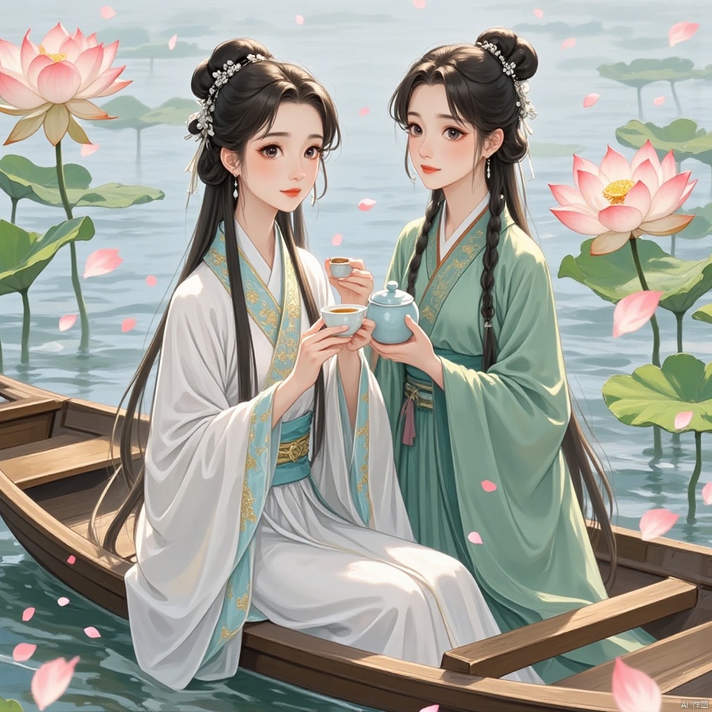 in a digital drawing style. This vibrant digital illustration depicts two young Asian women in a serene, traditional setting. The woman on the left is seated on a wooden boat, dressed in a flowing, white silk kimono with intricate, pale blue and gold accents. Her long, dark hair is styled in elegant braids adorned with silver hairpins. She holds a delicate teacup in her hands, sipping from it with a serene expression, and her eyes are focused forward. The woman on the right stands beside her, also wearing a traditional, green silk kimono with similar gold and blue accents. Her hair is styled similarly, with braids adorned with silver hairpins. She holds a small teapot, carefully pouring tea into the woman's cup. Both women have fair complexions and large, expressive eyes. The background features a tranquil lake with pink lotus flowers, their petals open and vibrant. Soft, pastel-colored petals float gently around the boat, adding a dreamlike quality to the scene. The overall atmosphere is serene, peaceful, and timeless, evoking a sense of calm and connection between the two women.